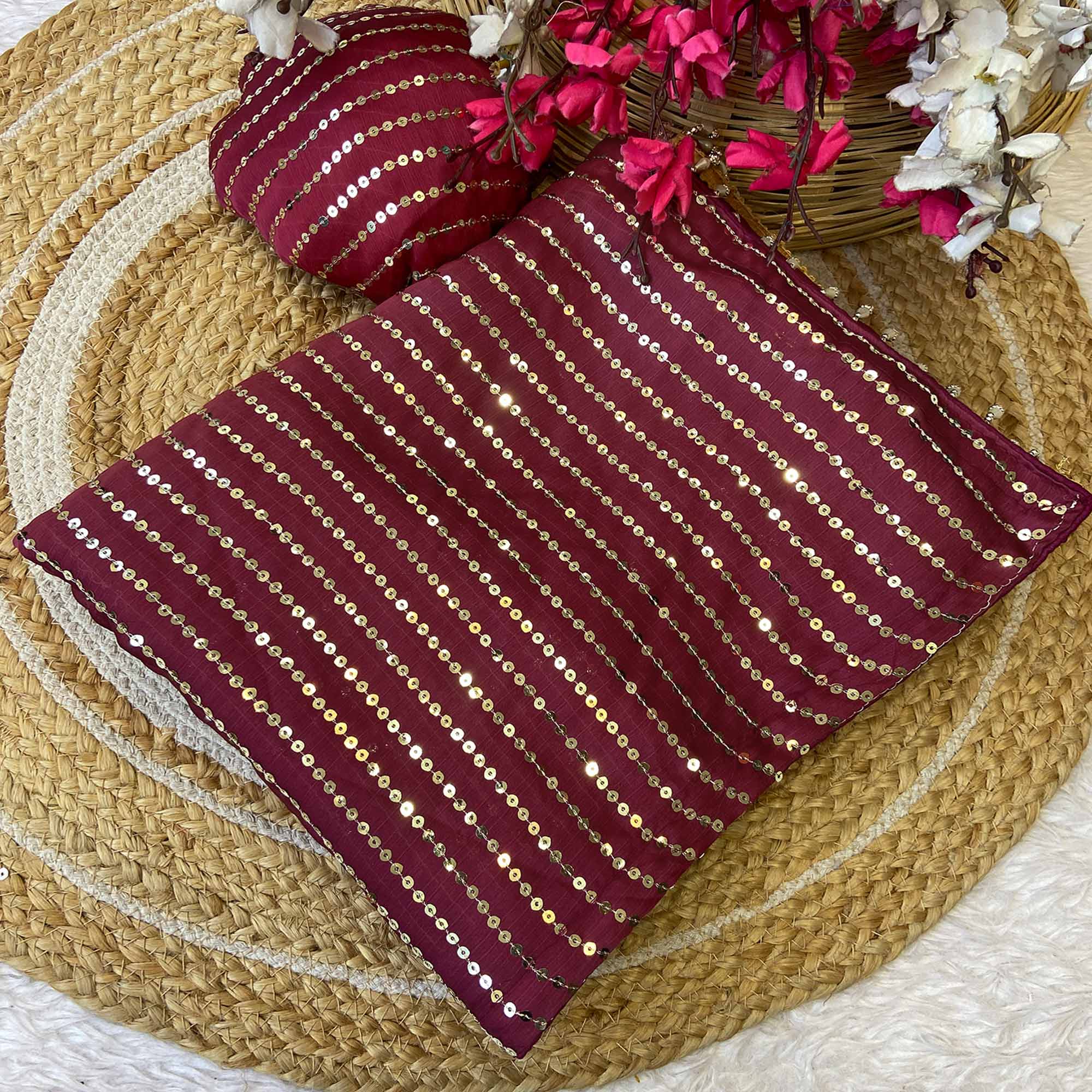 Maroon Satin Saree With Shimmering Striped Sequins Embroidered Detailing - Image 3