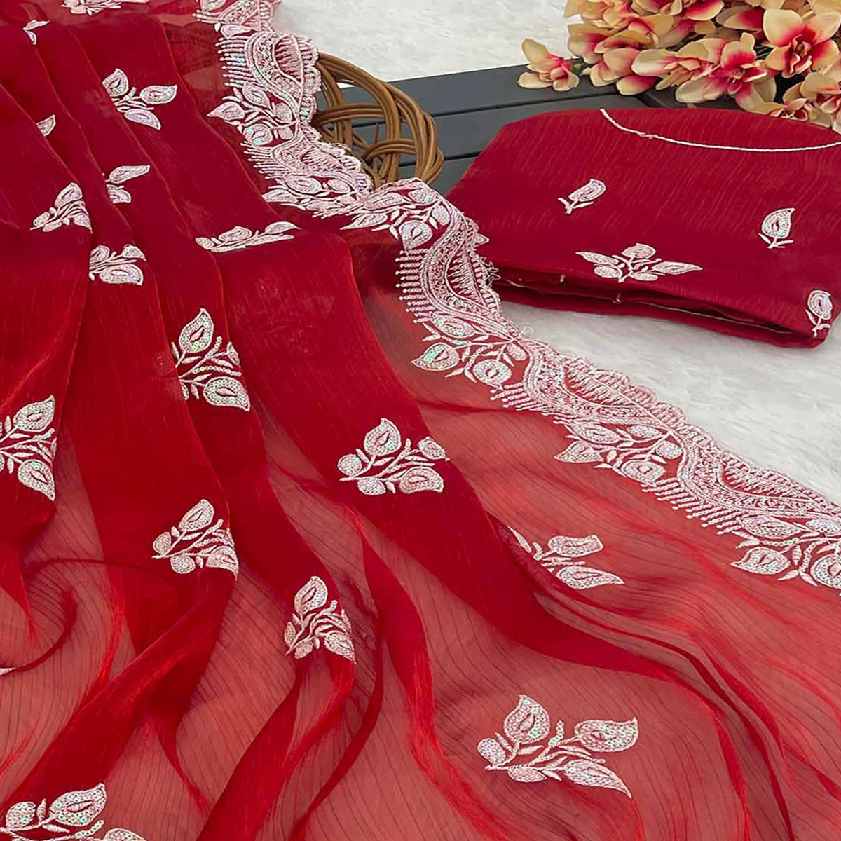 Maroon Sequins Embroidered Chiffon Saree - Image 2