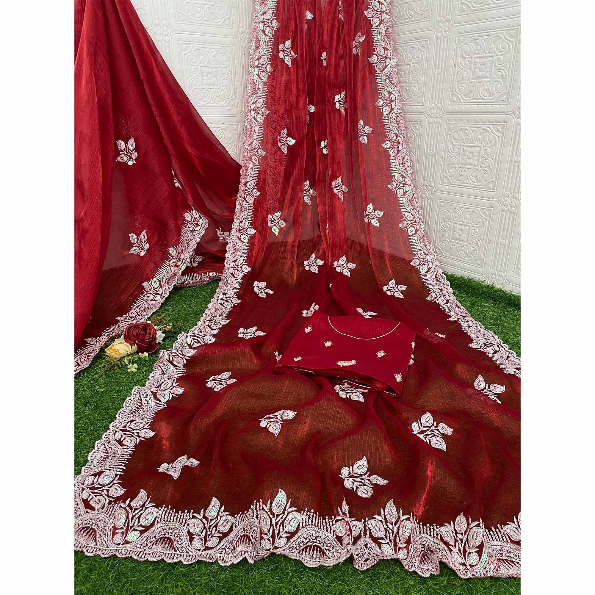 Maroon Sequins Embroidered Chiffon Saree - Image 3