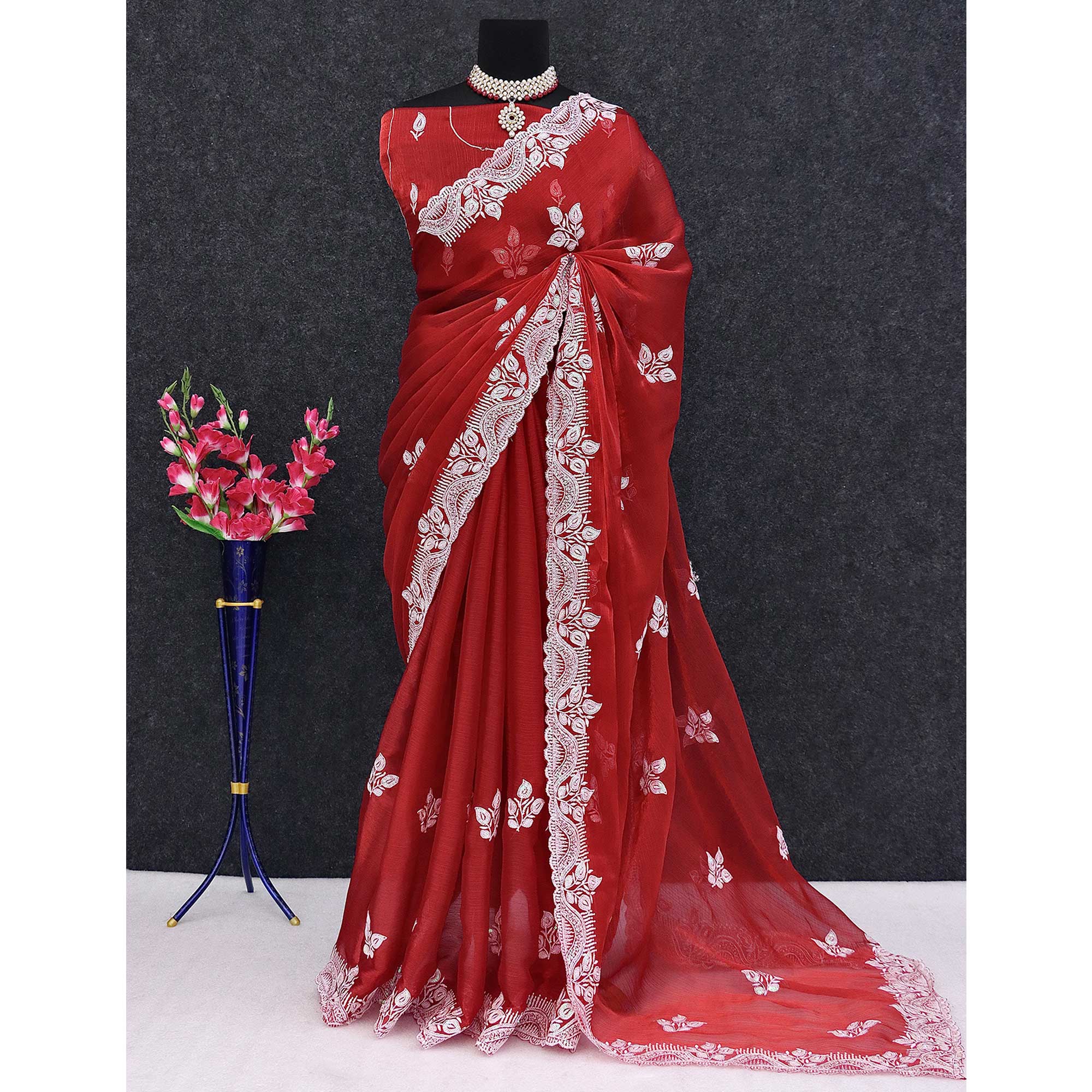 Maroon Sequins Embroidered Chiffon Saree - Image 6