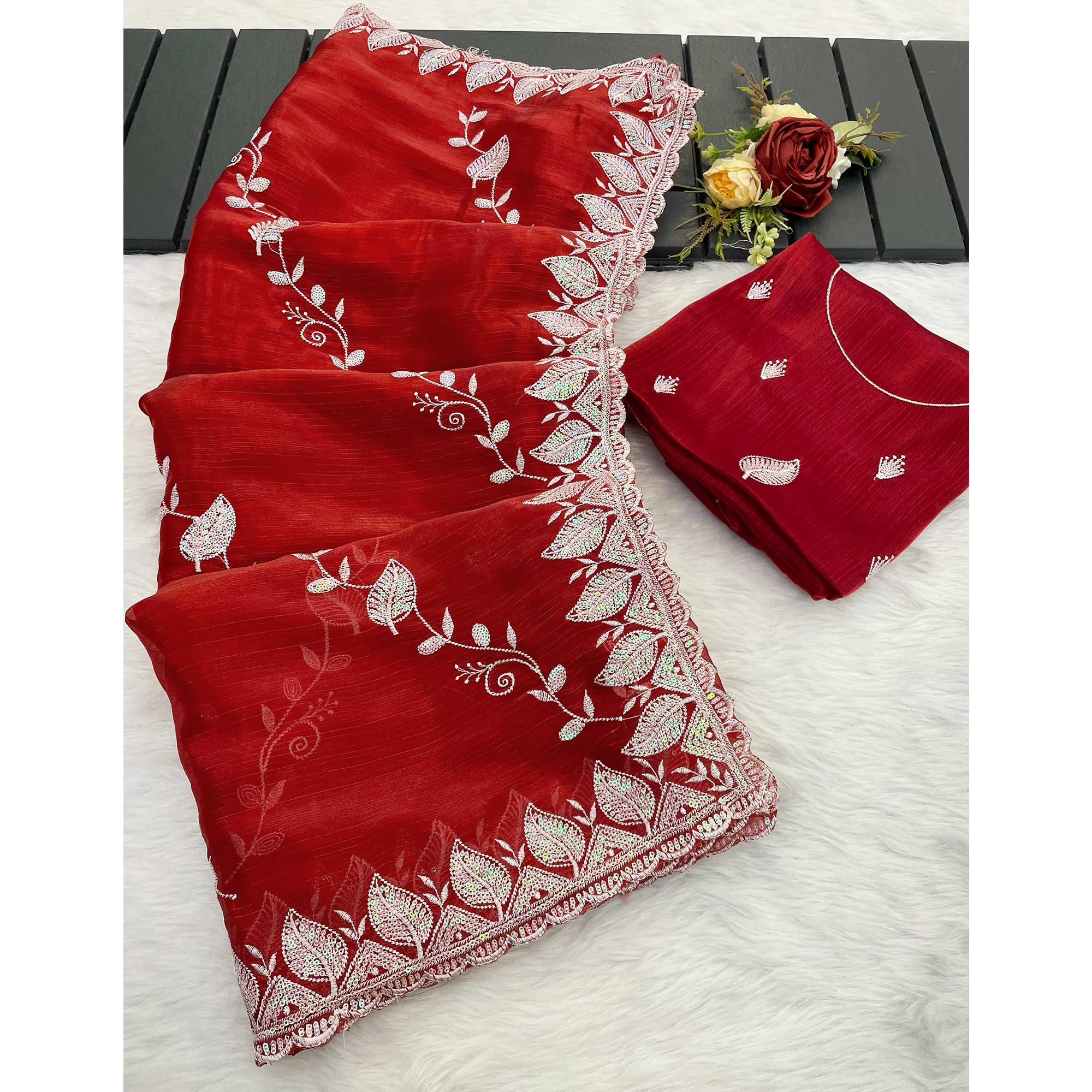Maroon Sequins Embroidered Chiffon Saree - Image 3