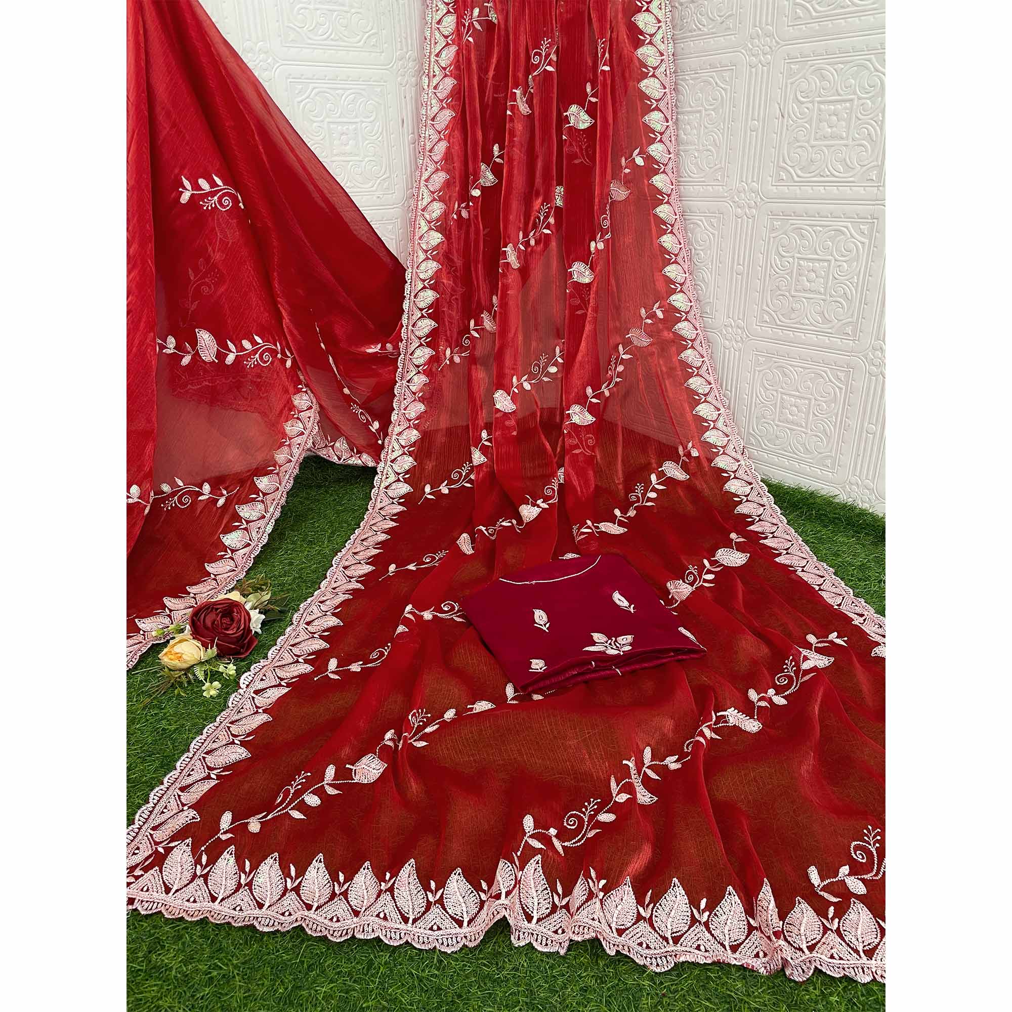 Maroon Sequins Embroidered Chiffon Saree - Image 4
