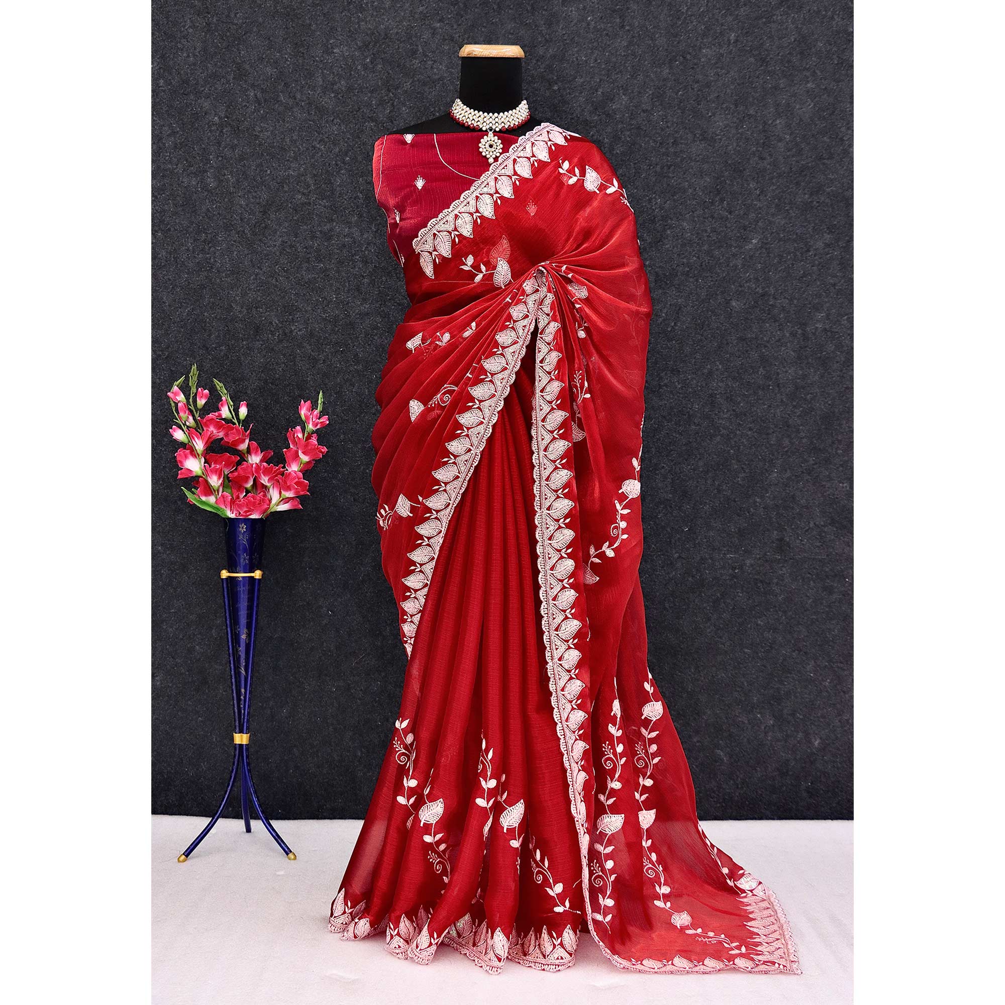 Maroon Sequins Embroidered Chiffon Saree - Image 5