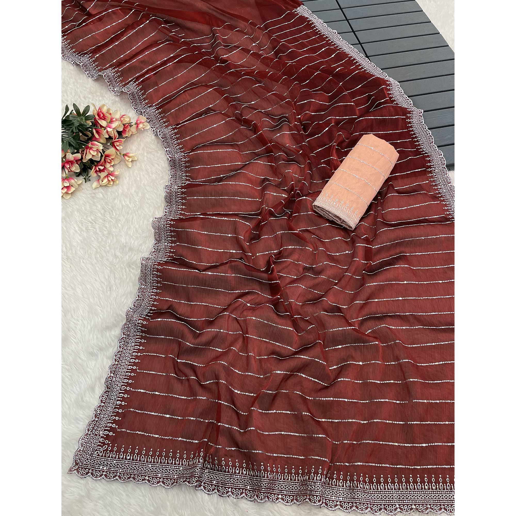 Maroon Sequins Embroidered Chiffon Saree - Image 3