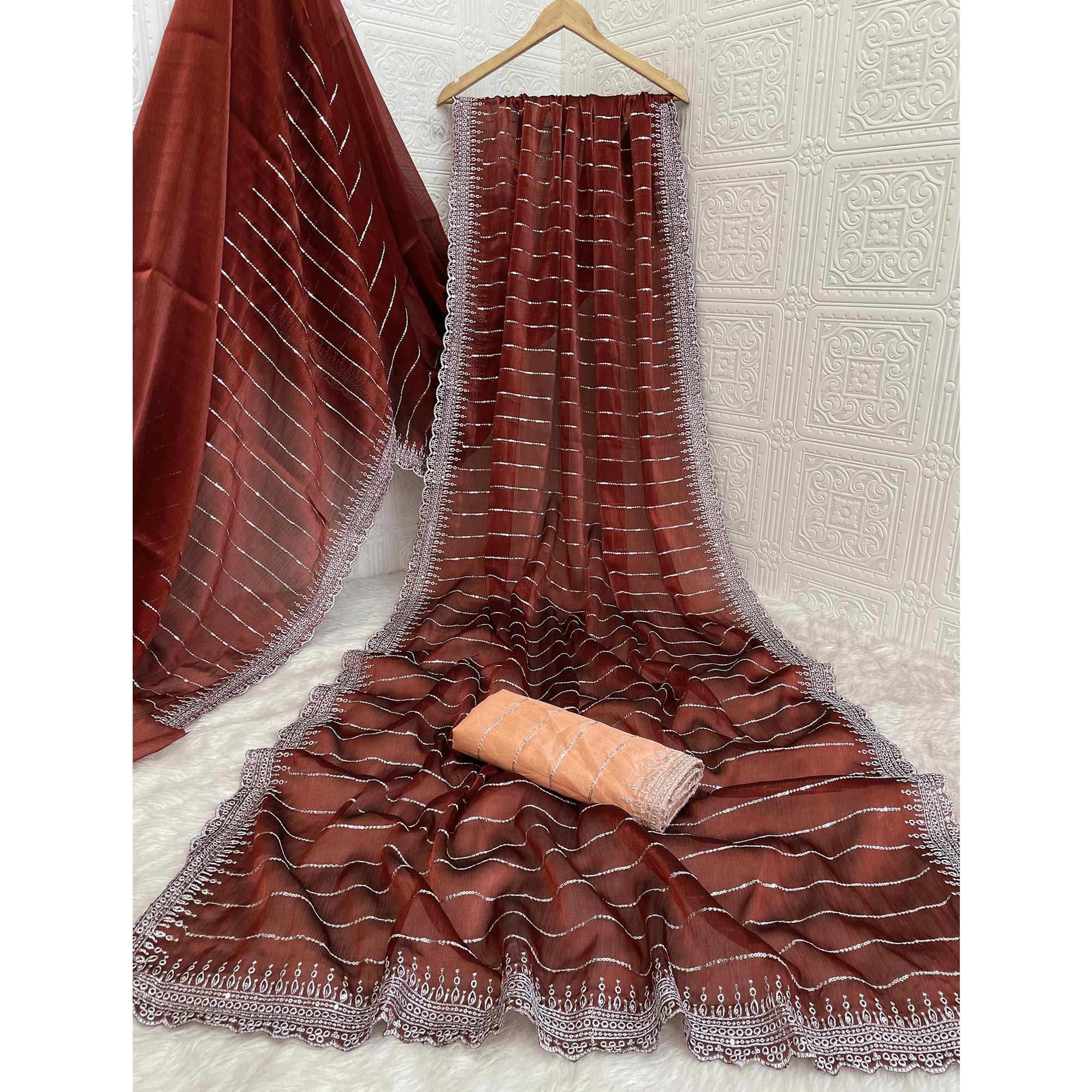 Maroon Sequins Embroidered Chiffon Saree - Image 4