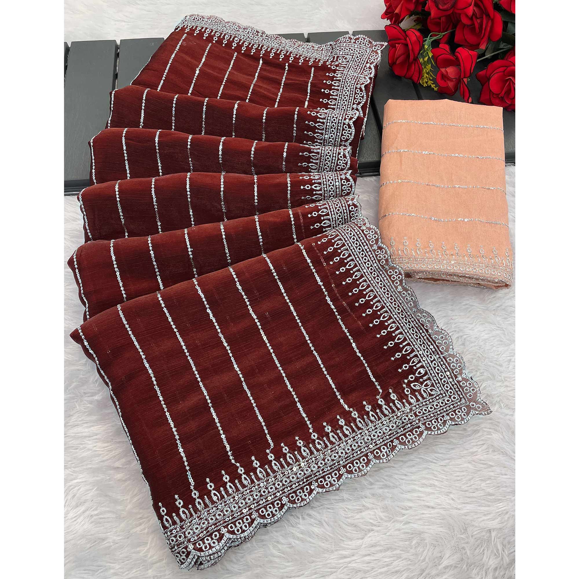 Maroon Sequins Embroidered Chiffon Saree - Image 5