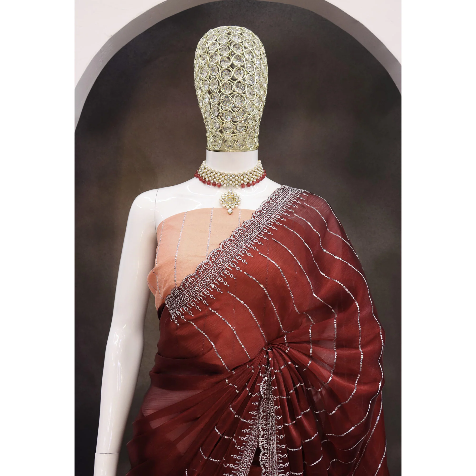 Maroon Sequins Embroidered Chiffon Saree - Image 7