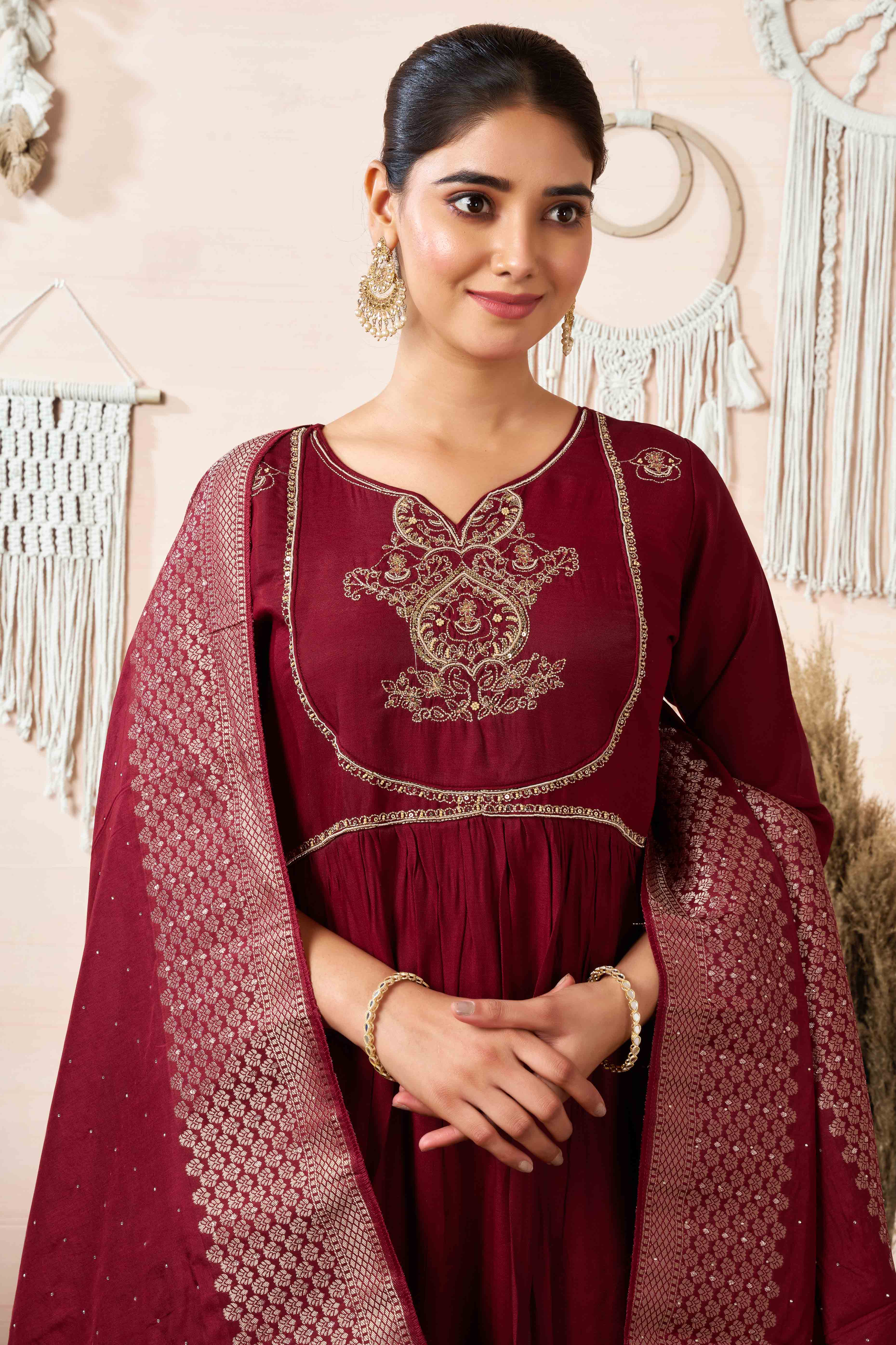 Maroon Sequins Embroidered Cotton Silk Anarkali Salwar Suit - Image 5