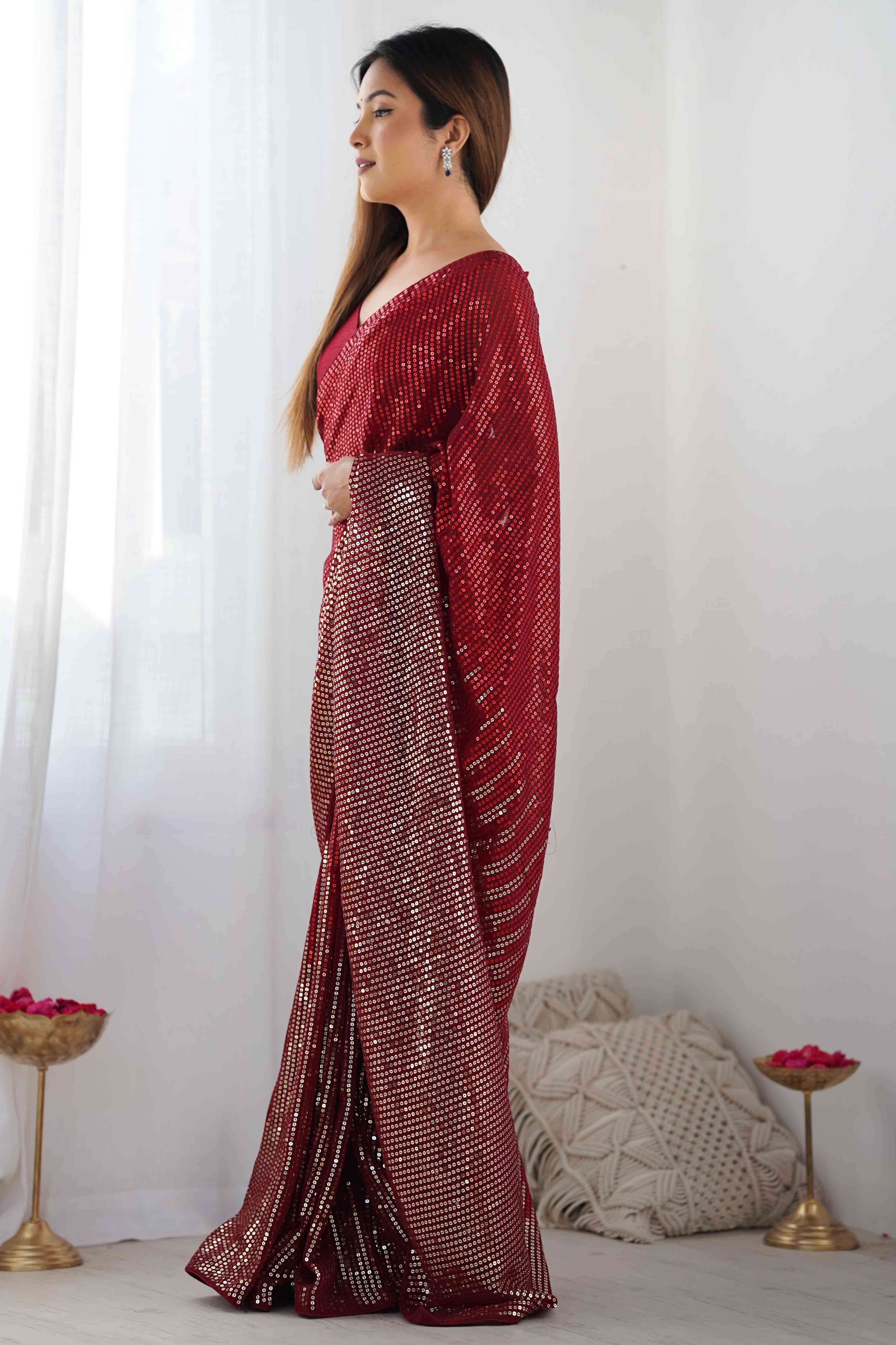 Maroon Sequins Embroidered Georgette Saree - Image 6