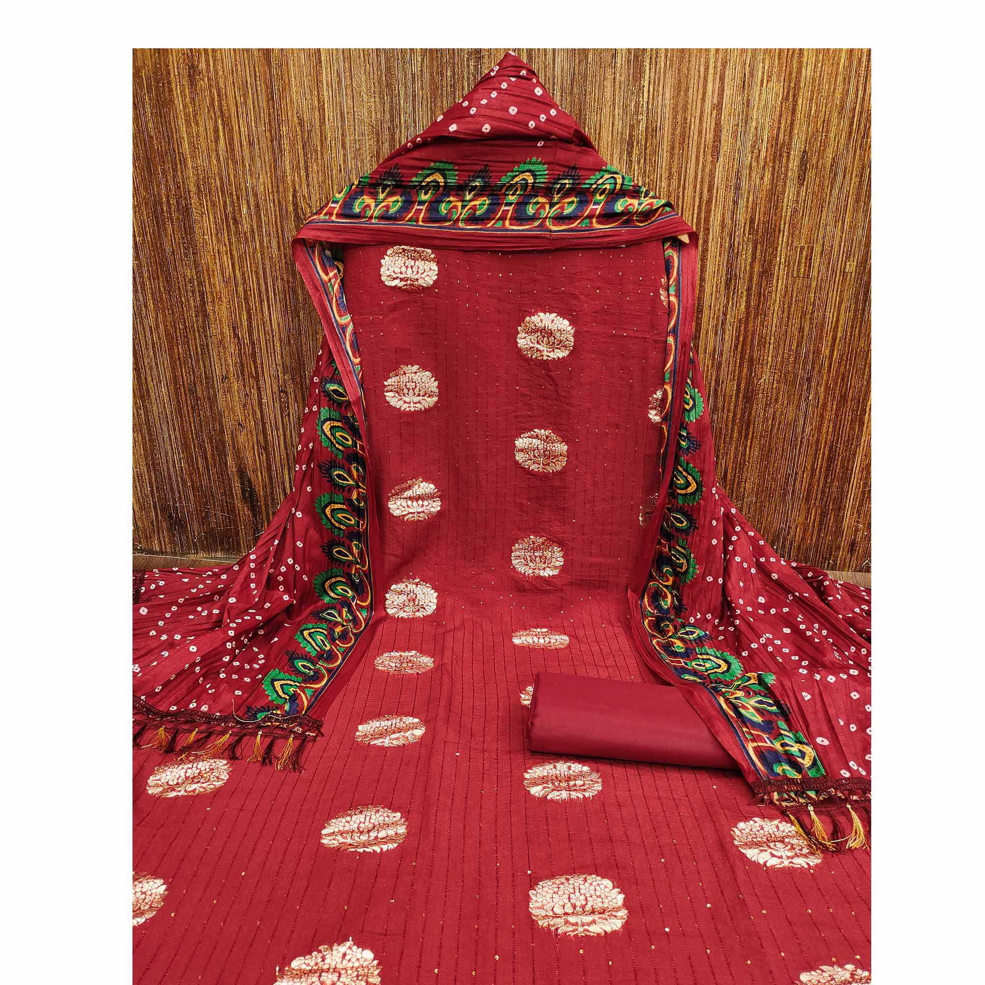 Maroon Sequins Embroidered With Woven Jacquard Dress Material - Image 3