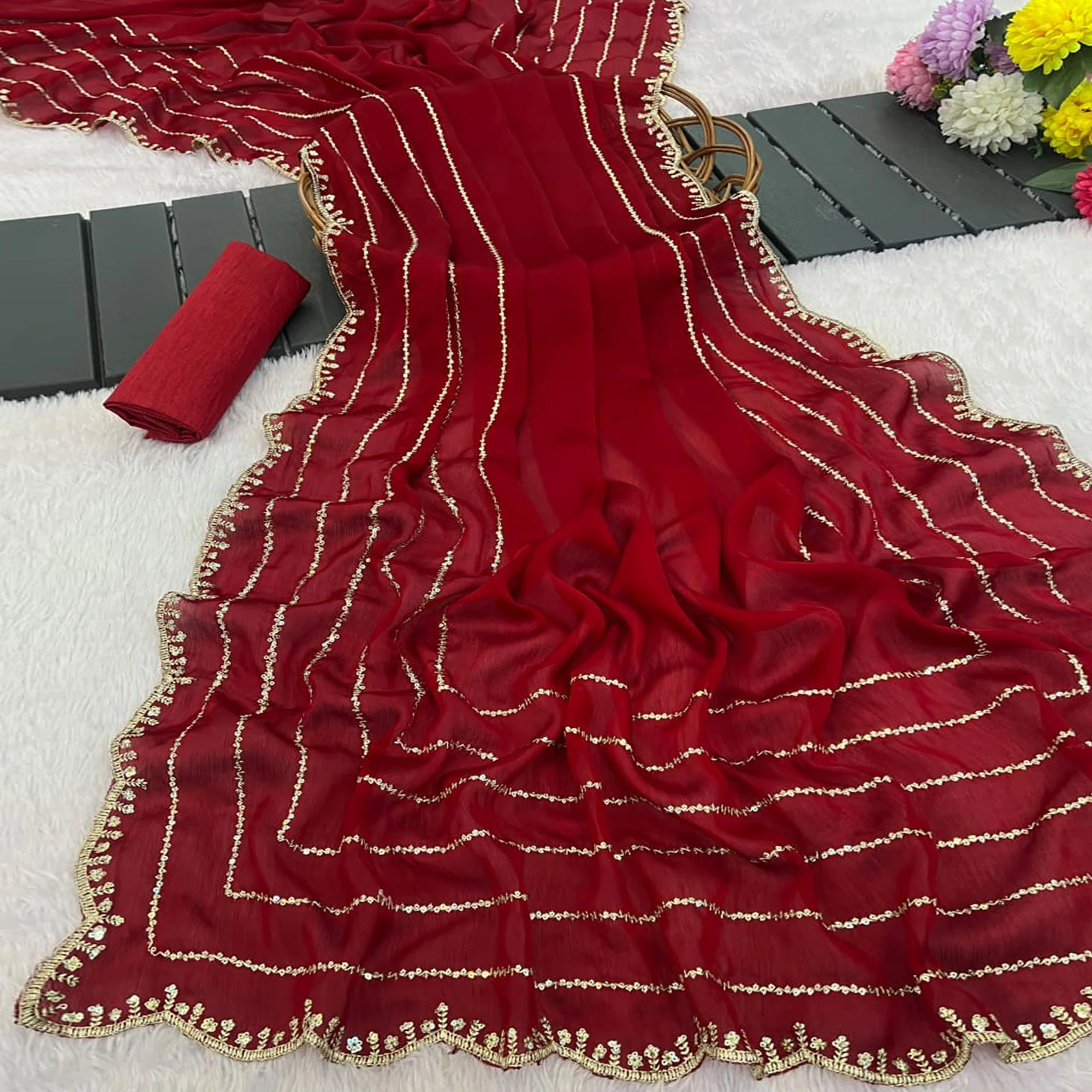 Maroon Soft Satin Chiffon Saree Embellished with Intricate Sequins Detailing