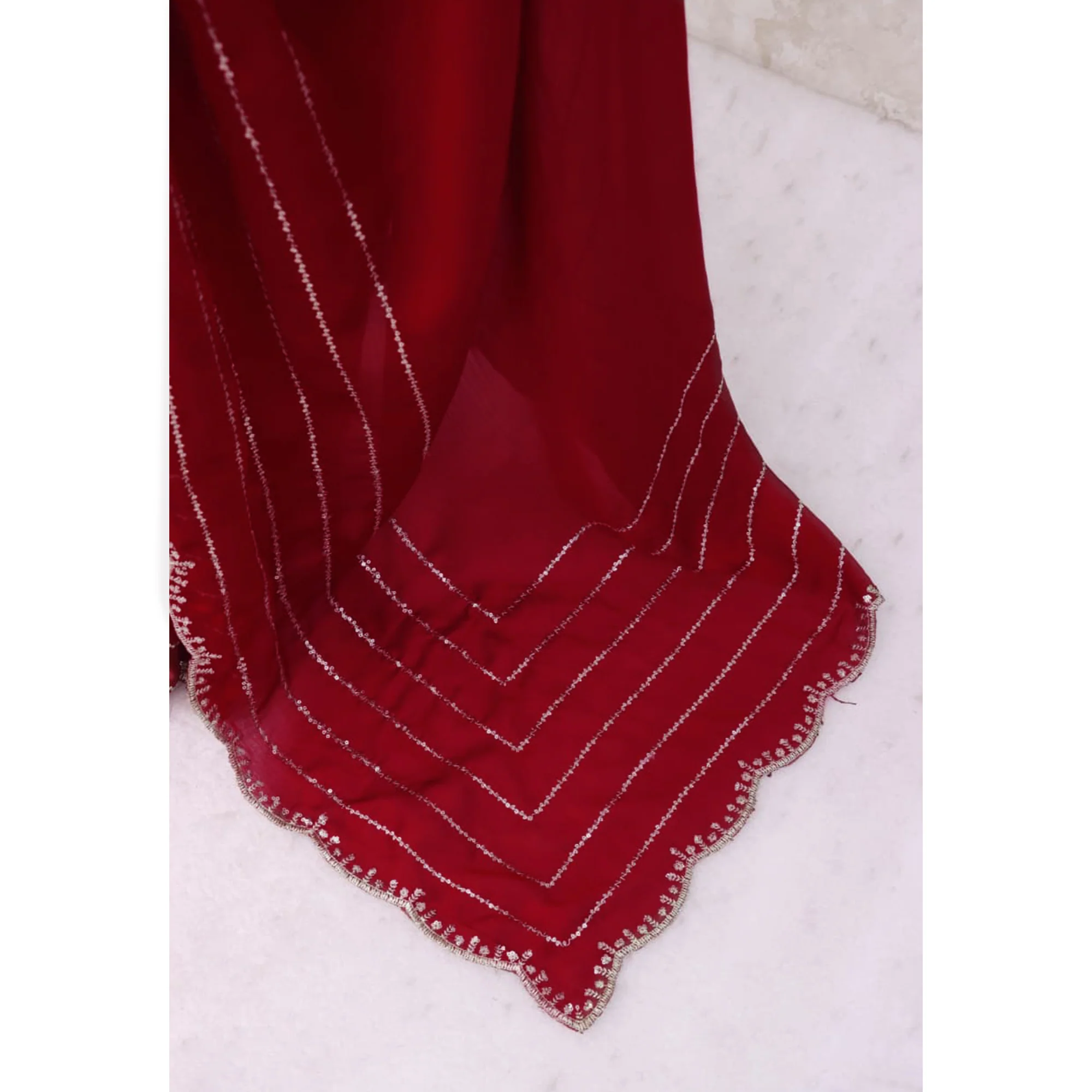 Maroon Soft Satin Chiffon Saree Embellished with Intricate Sequins Detailing - Image 10