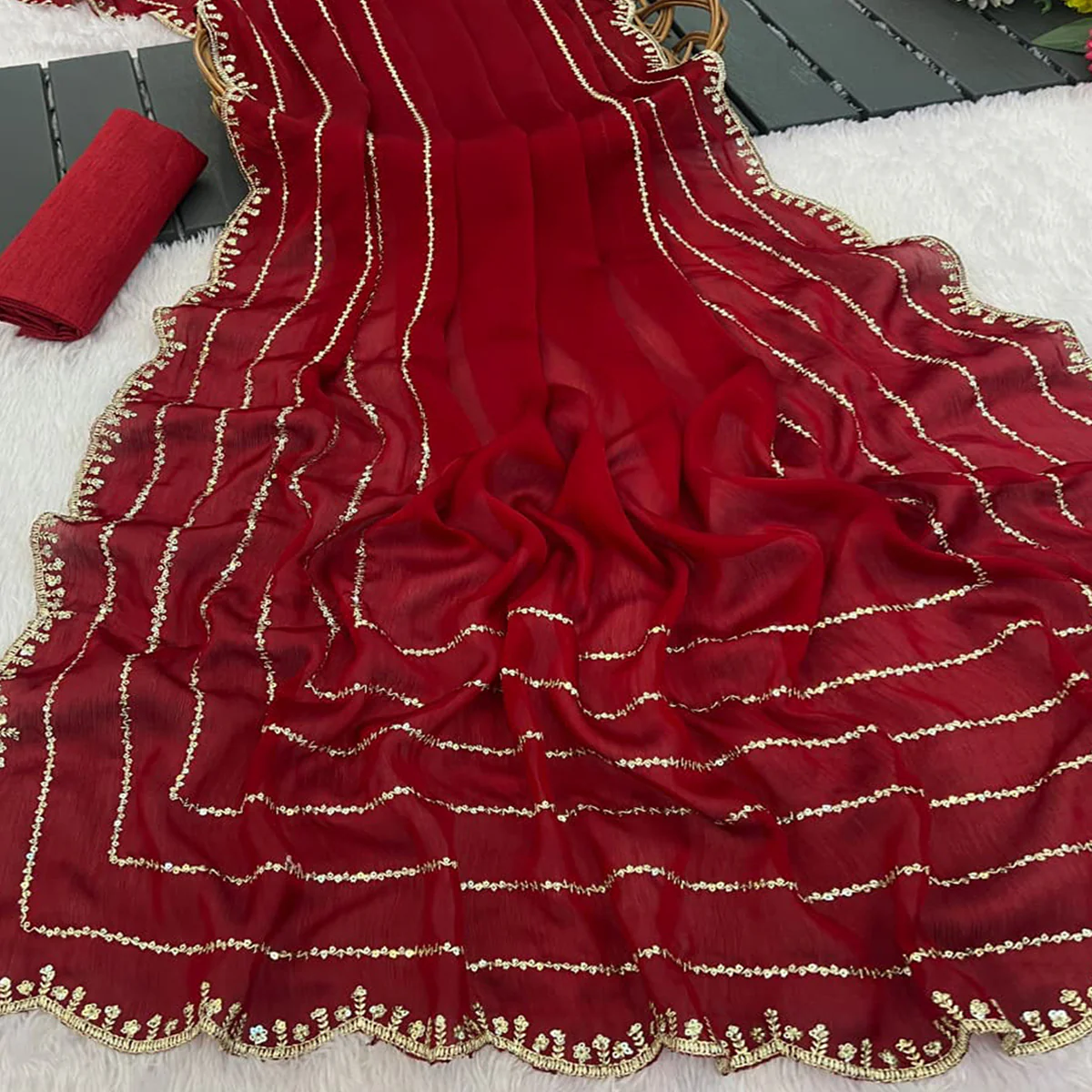 Maroon Soft Satin Chiffon Saree Embellished with Intricate Sequins Detailing - Image 2