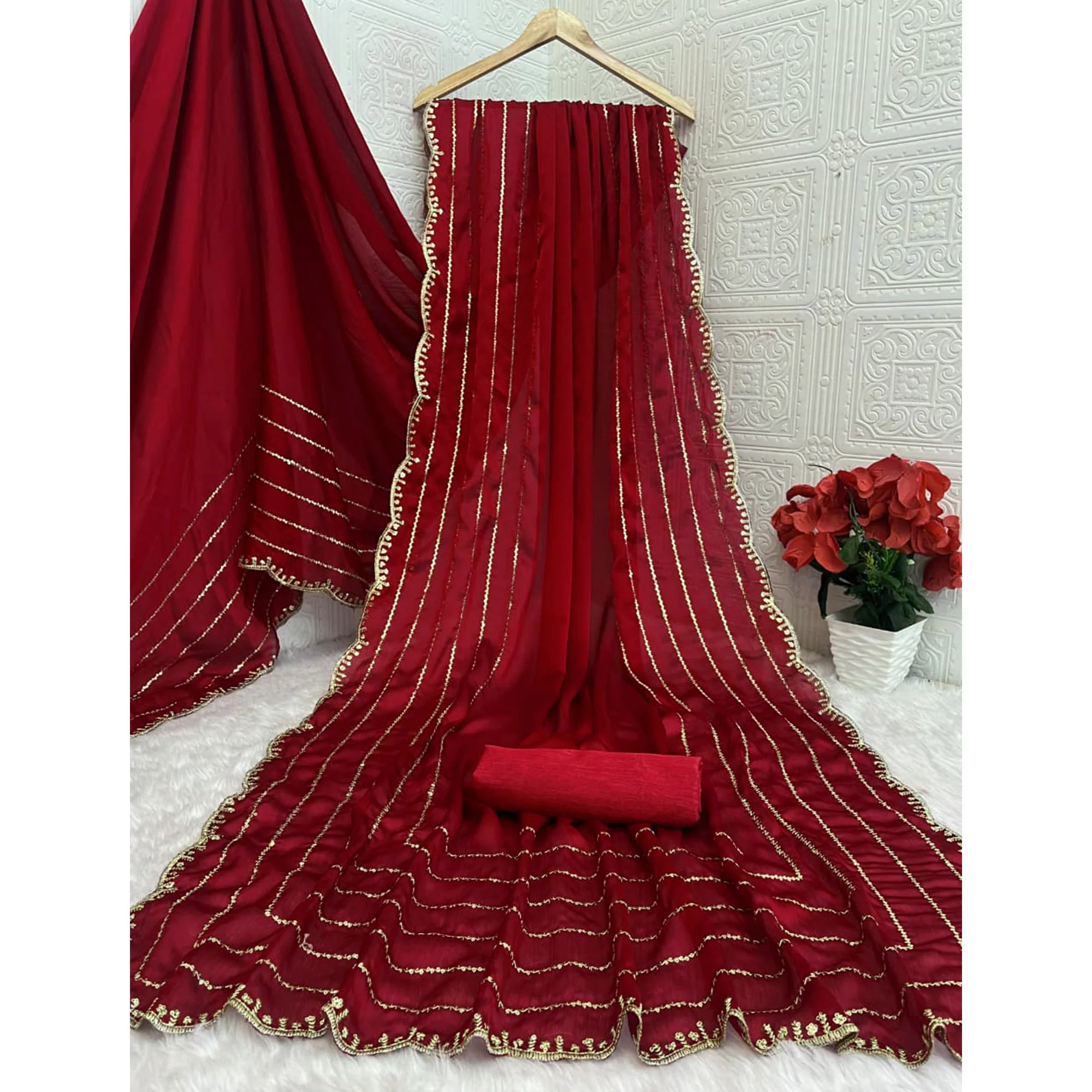 Maroon Soft Satin Chiffon Saree Embellished with Intricate Sequins Detailing - Image 3