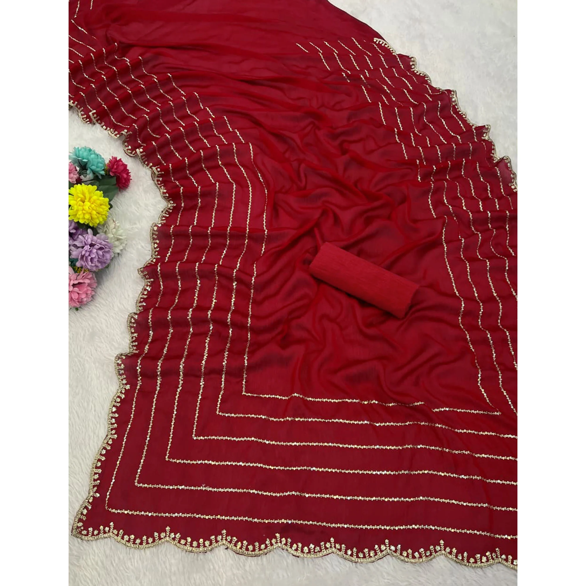 Maroon Soft Satin Chiffon Saree Embellished with Intricate Sequins Detailing - Image 4