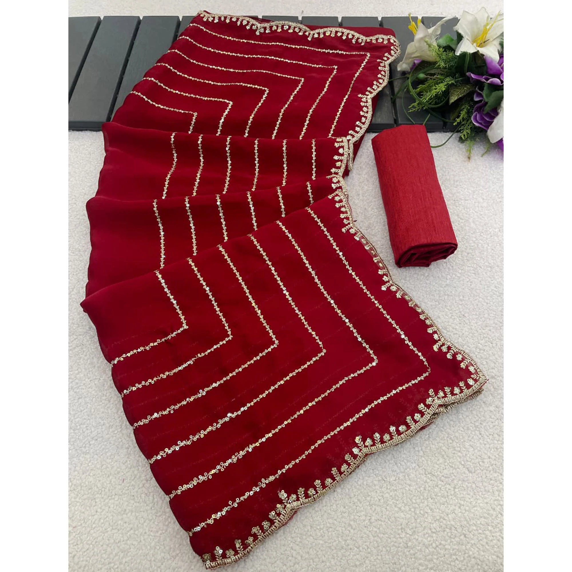 Maroon Soft Satin Chiffon Saree Embellished with Intricate Sequins Detailing - Image 5