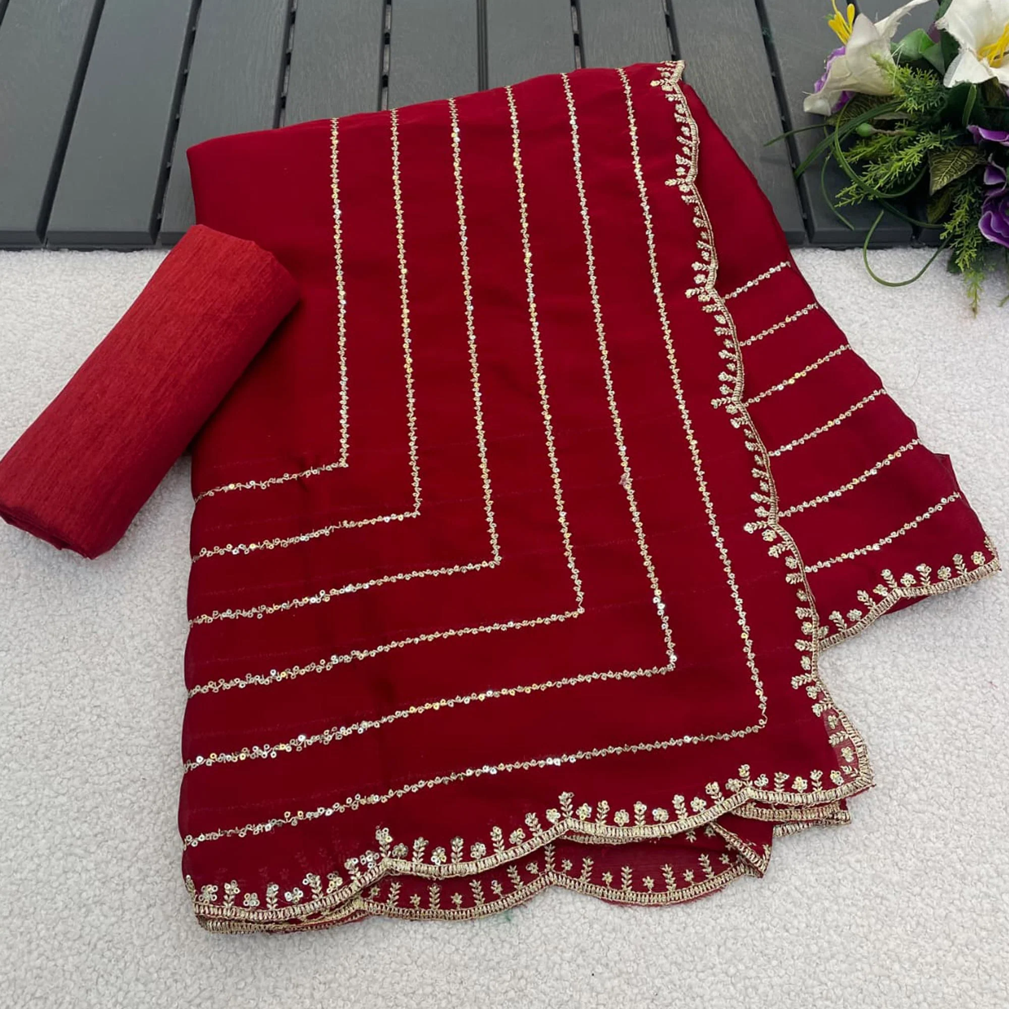 Maroon Soft Satin Chiffon Saree Embellished with Intricate Sequins Detailing - Image 6