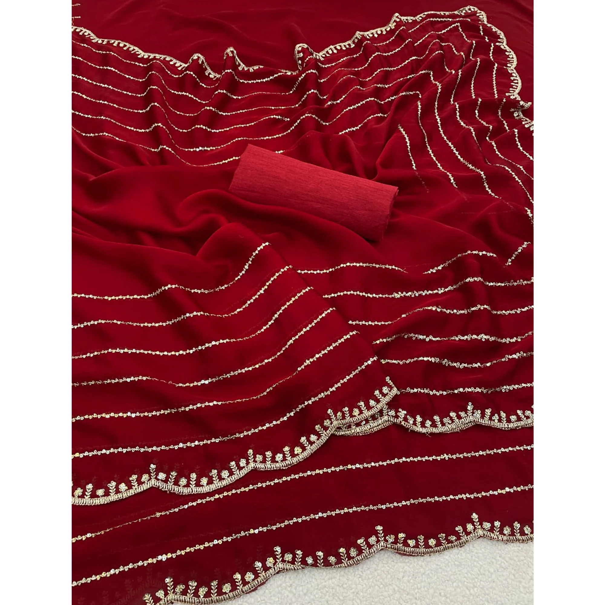 Maroon Soft Satin Chiffon Saree Embellished with Intricate Sequins Detailing - Image 7