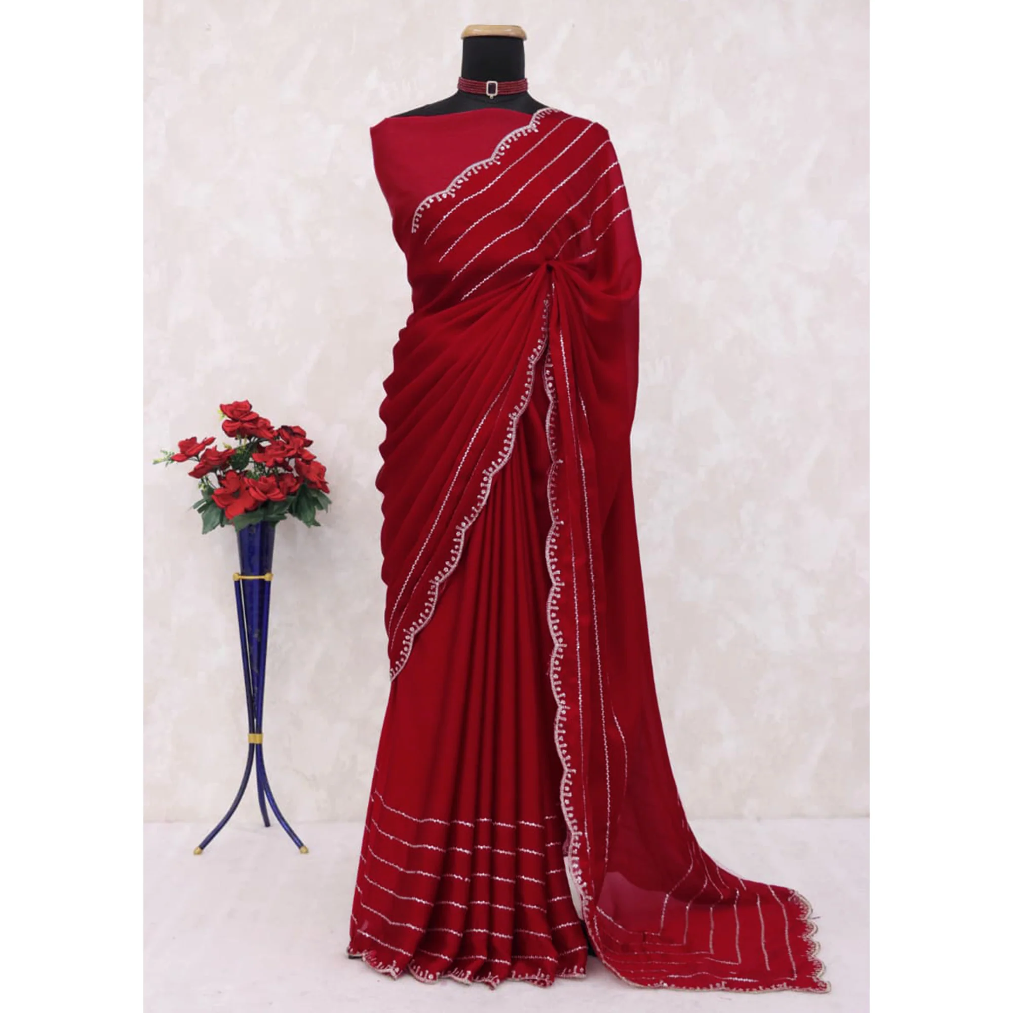Maroon Soft Satin Chiffon Saree Embellished with Intricate Sequins Detailing - Image 8