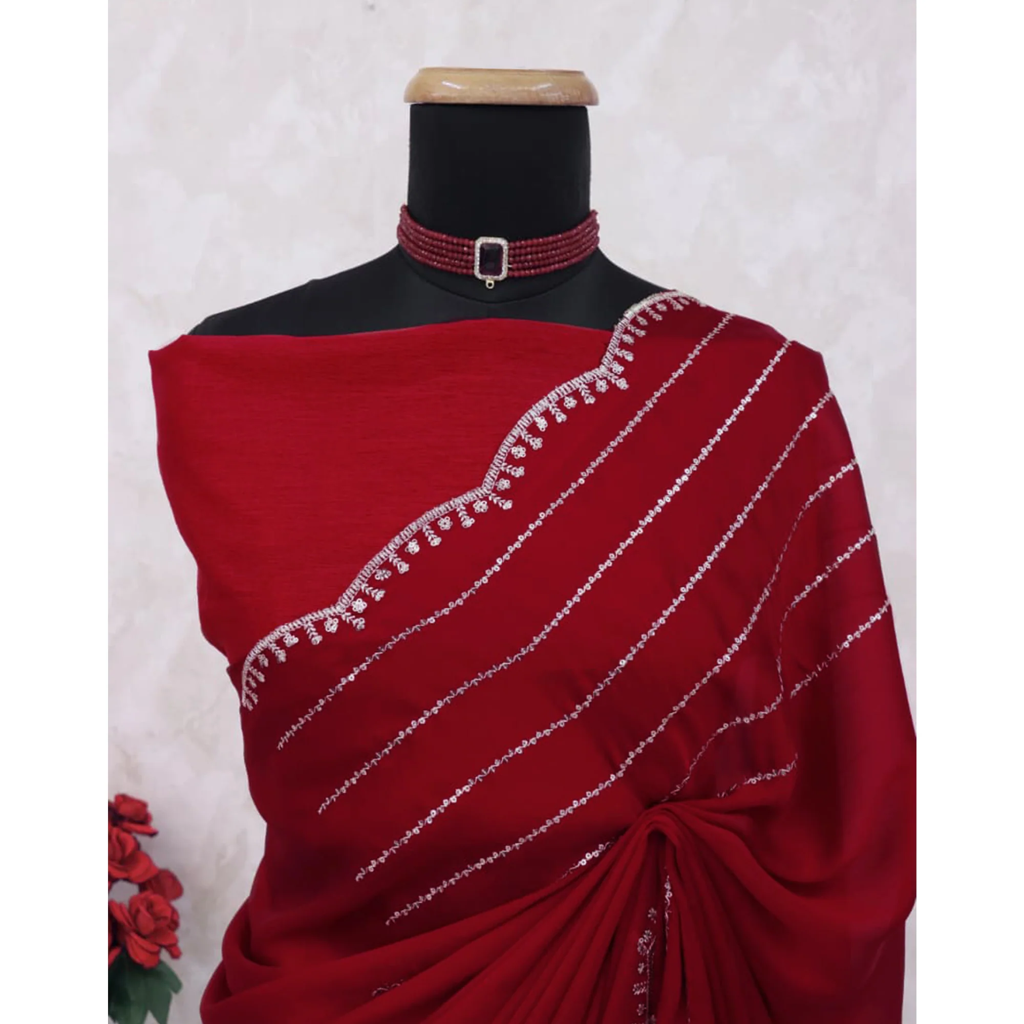 Maroon Soft Satin Chiffon Saree Embellished with Intricate Sequins Detailing - Image 9