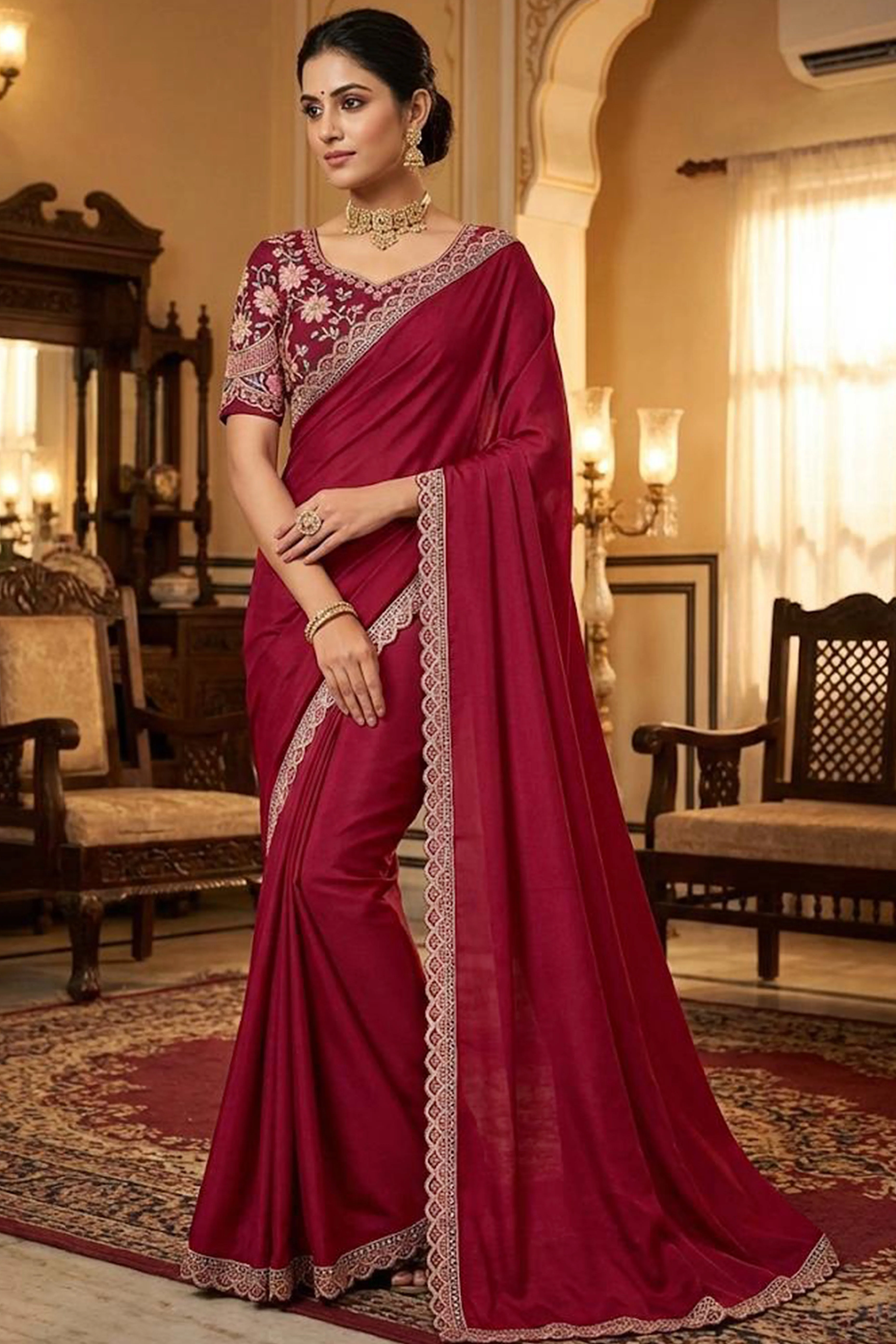 Maroon Solid Georgette Saree With Embroidered Blouse Piece And Embroidered Border - Image 4