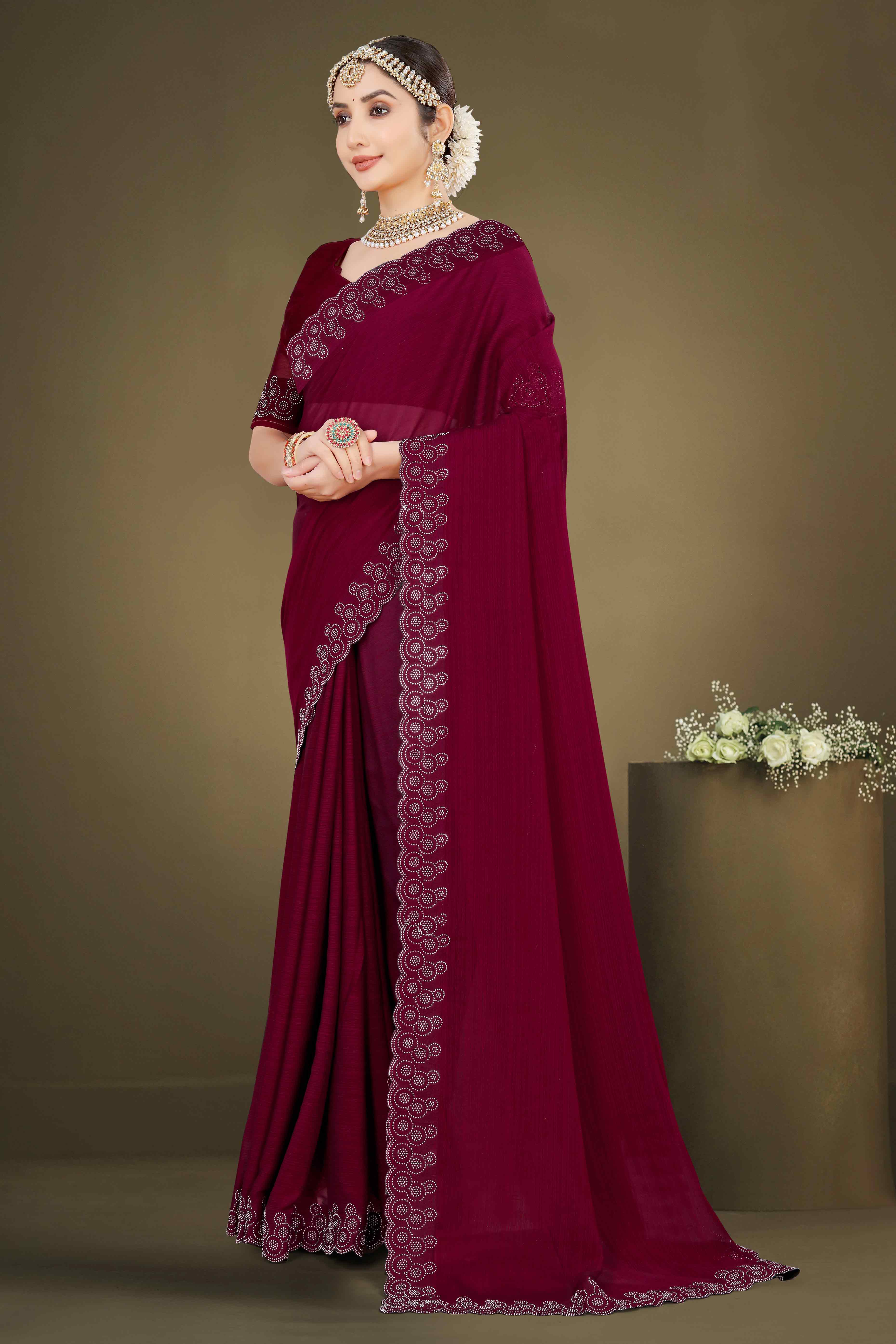 Maroon Solid With Swarovski Work Chiffon Saree - Image 4