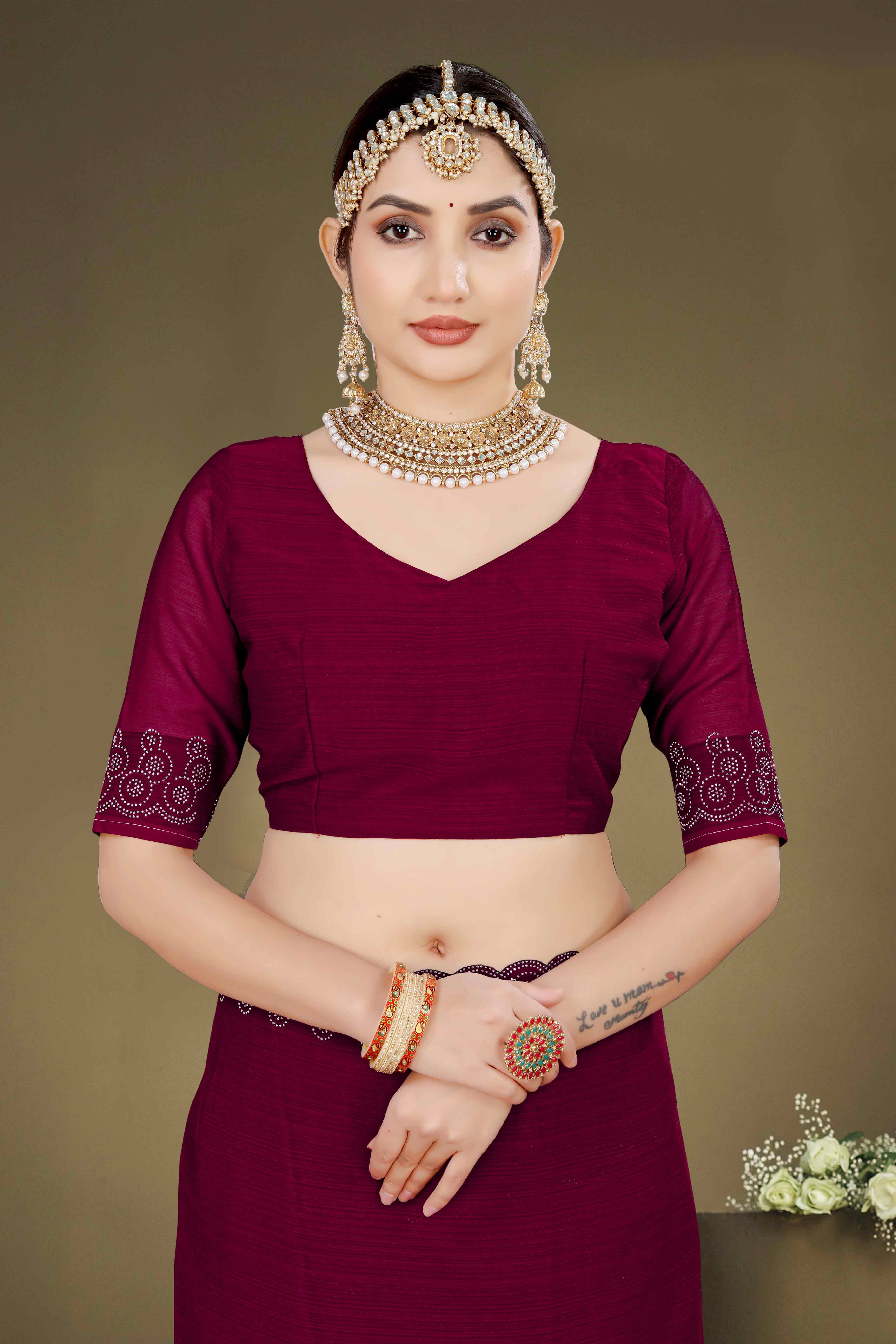 Maroon Solid With Swarovski Work Chiffon Saree - Image 7