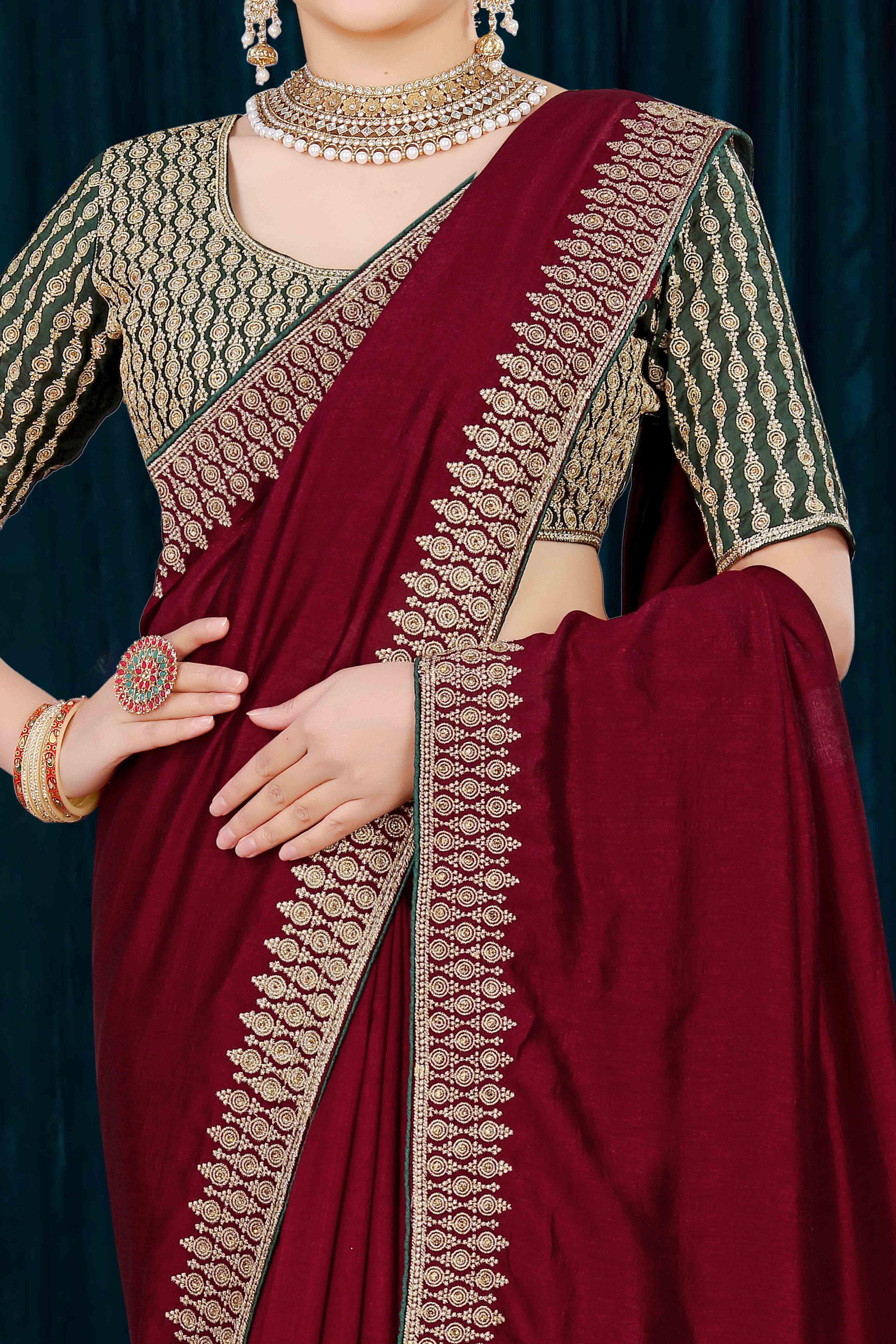 Maroon Solid With Zari Embroidered Vichitra Silk Saree - Image 2