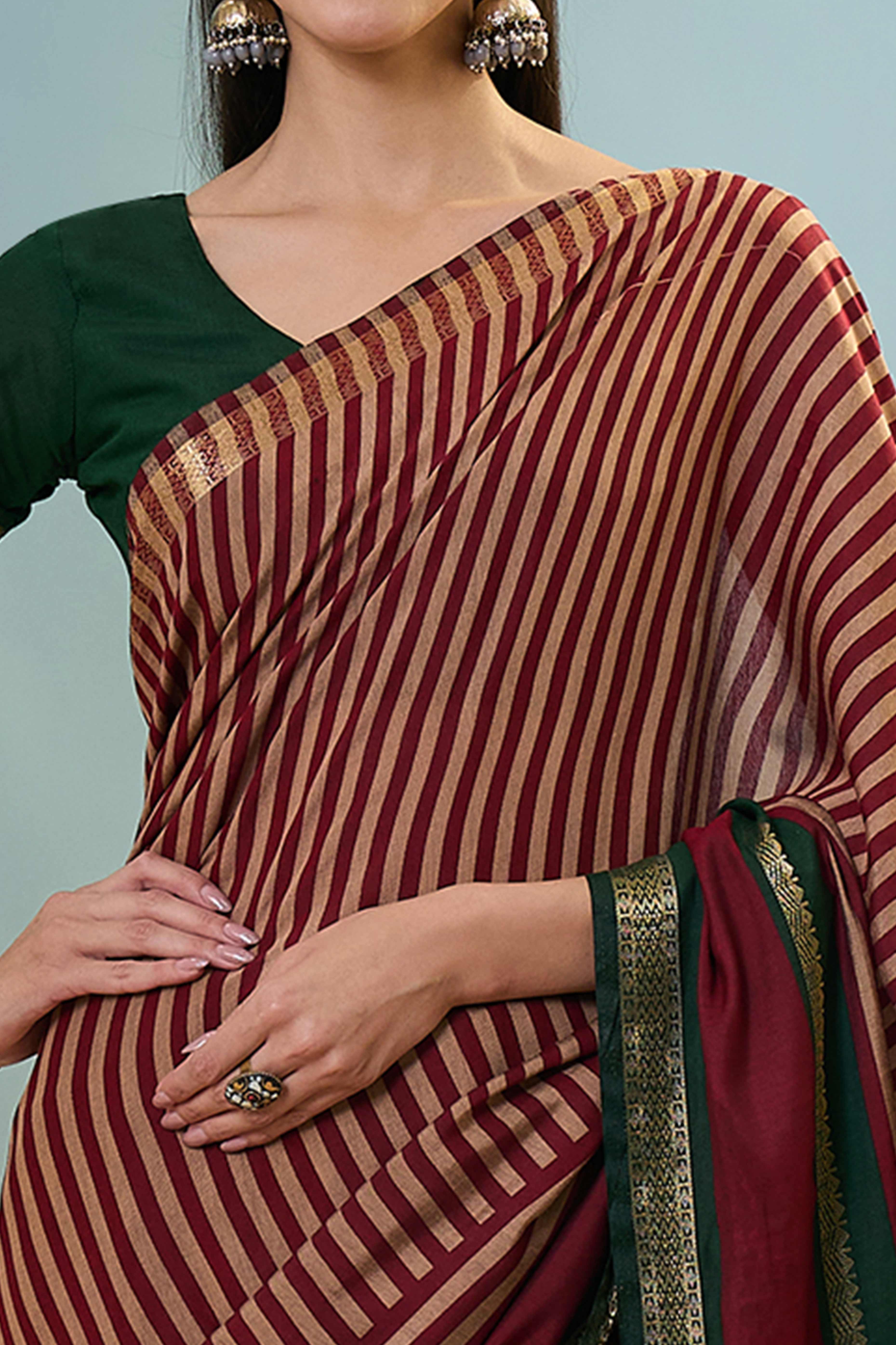 Maroon Striped Printed Viscose Saree with a Subtle Zari Finish - Image 2