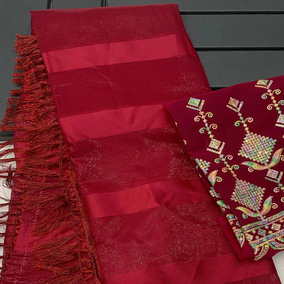 Maroon Striped Woven Chiffon Silk Saree With Tassels - Image 2