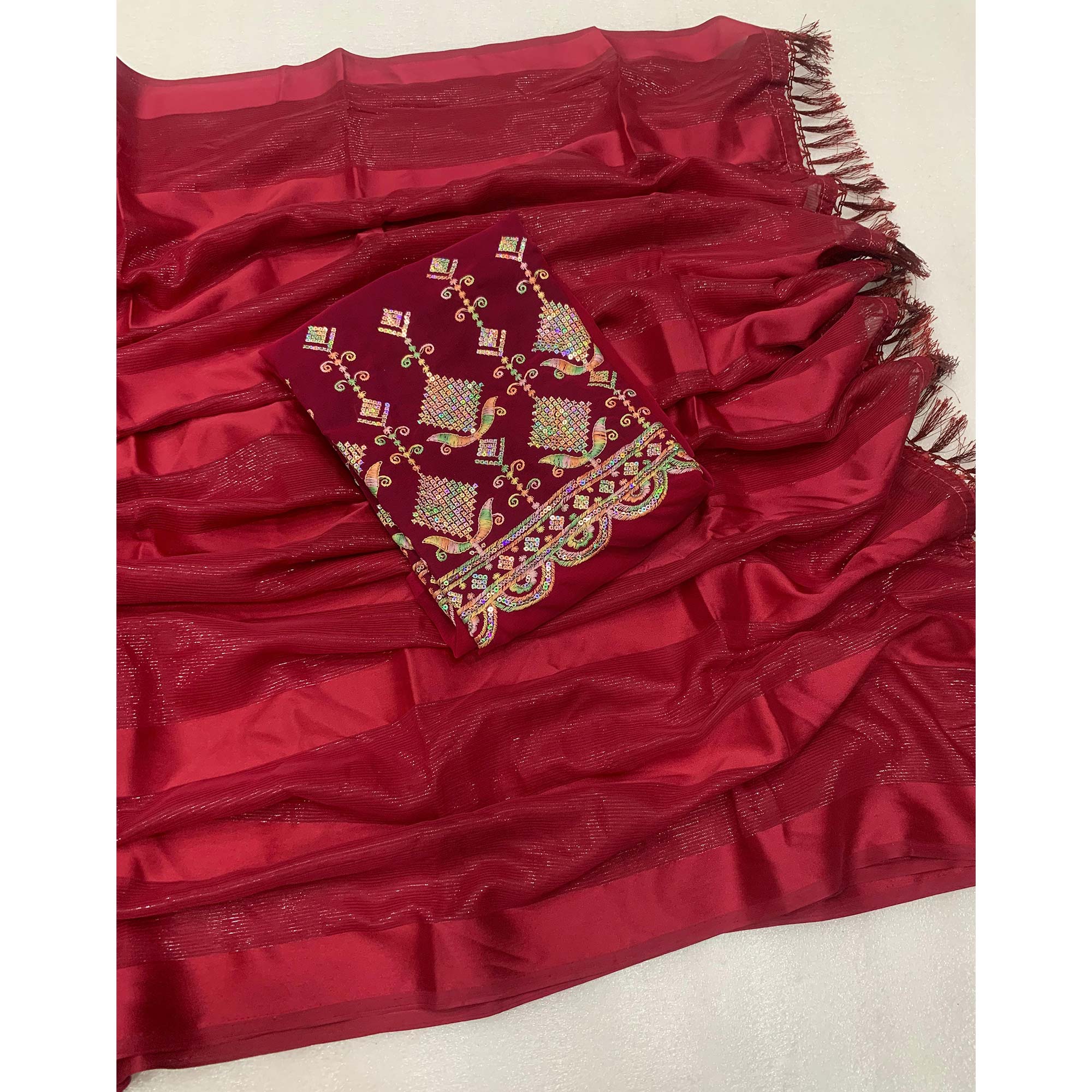 Maroon Striped Woven Chiffon Silk Saree With Tassels - Image 3