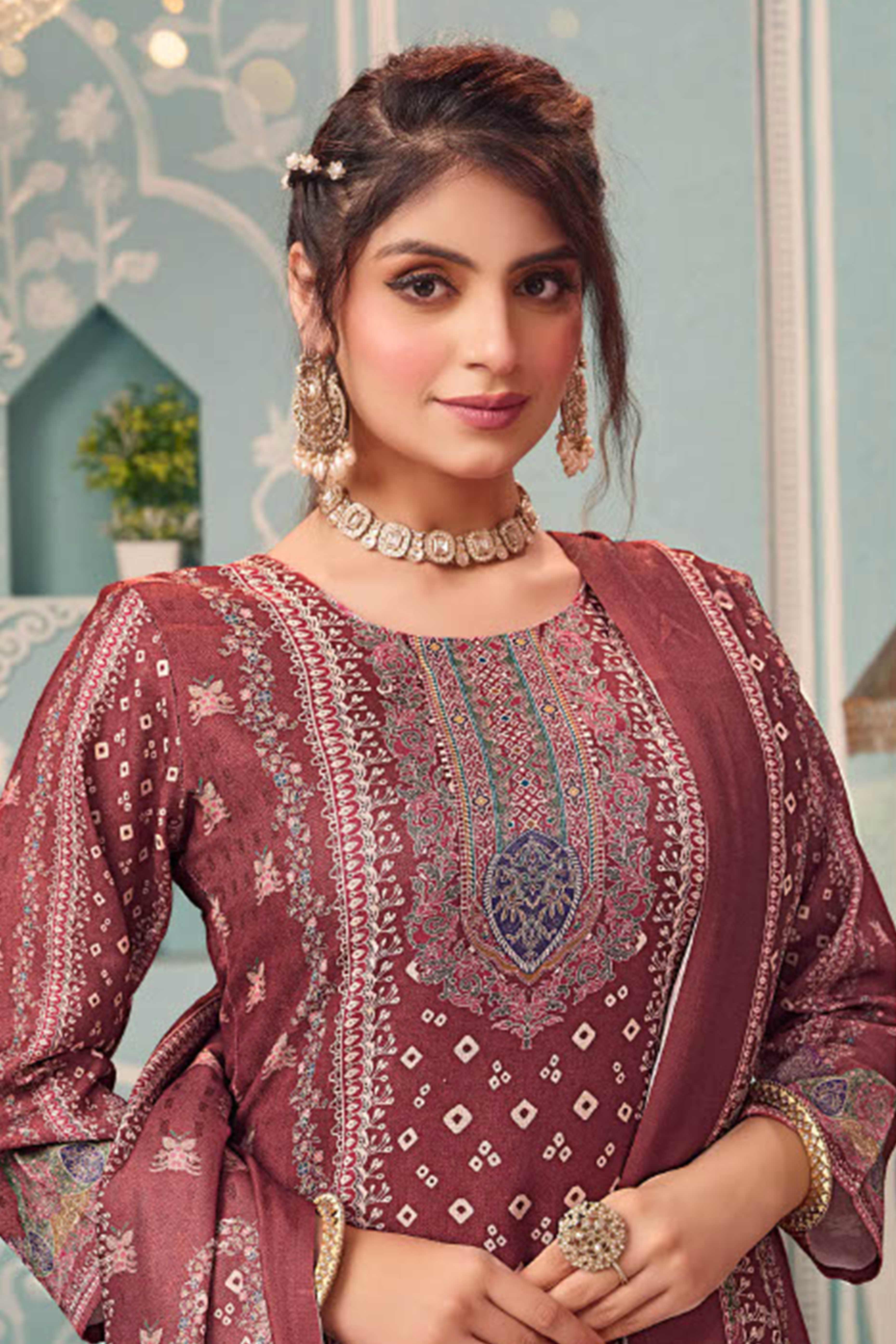 Maroon Stylish Floral Printed Pashmina Dress Material for Graceful Winter Outfits - Image 3