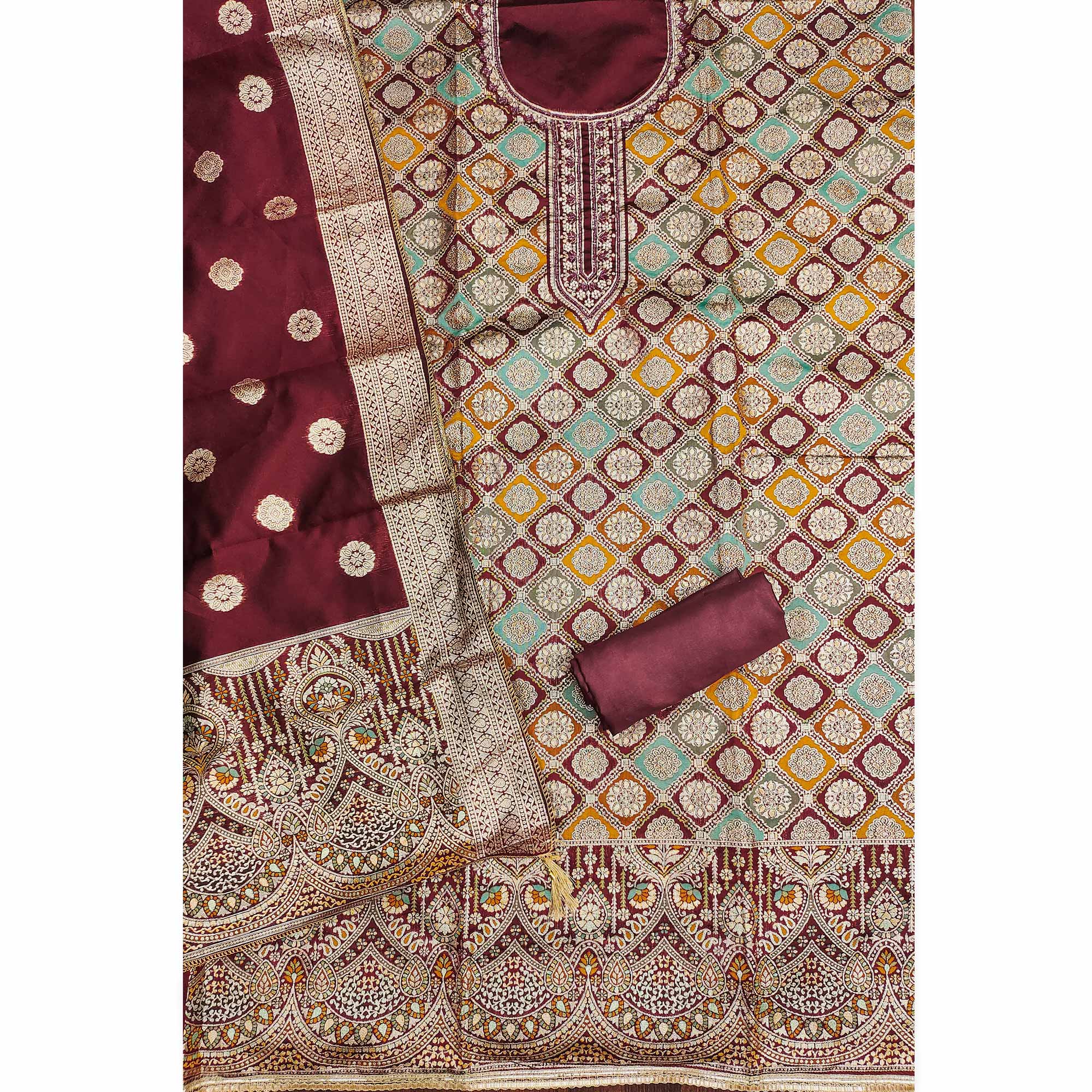 Maroon Unstitched Dress Material in Zari Woven Jacquard - Image 5