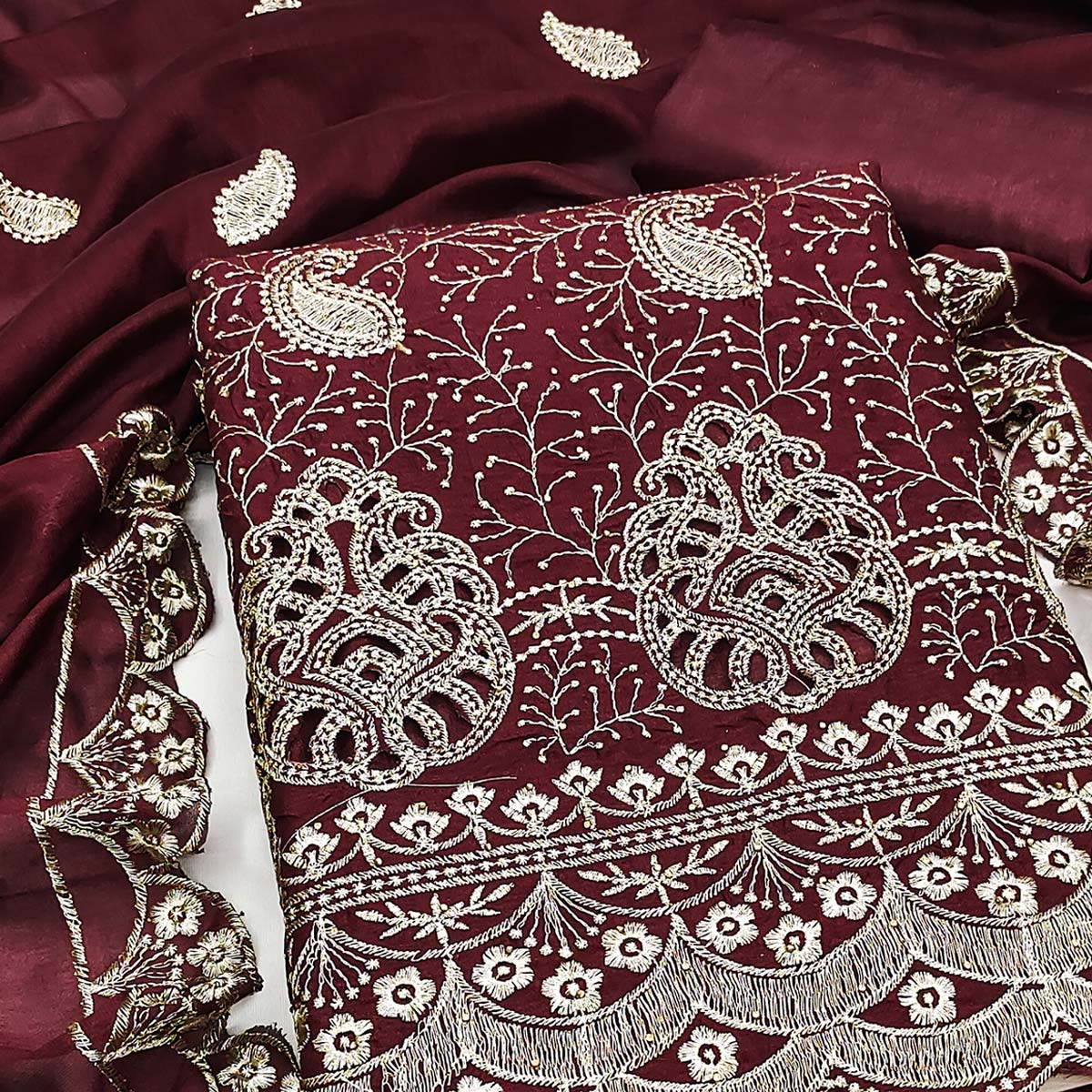 Maroon Vichitra Silk Dress Material Showcasing Paisley & Floral Embroidery With Swarovski - Image 2