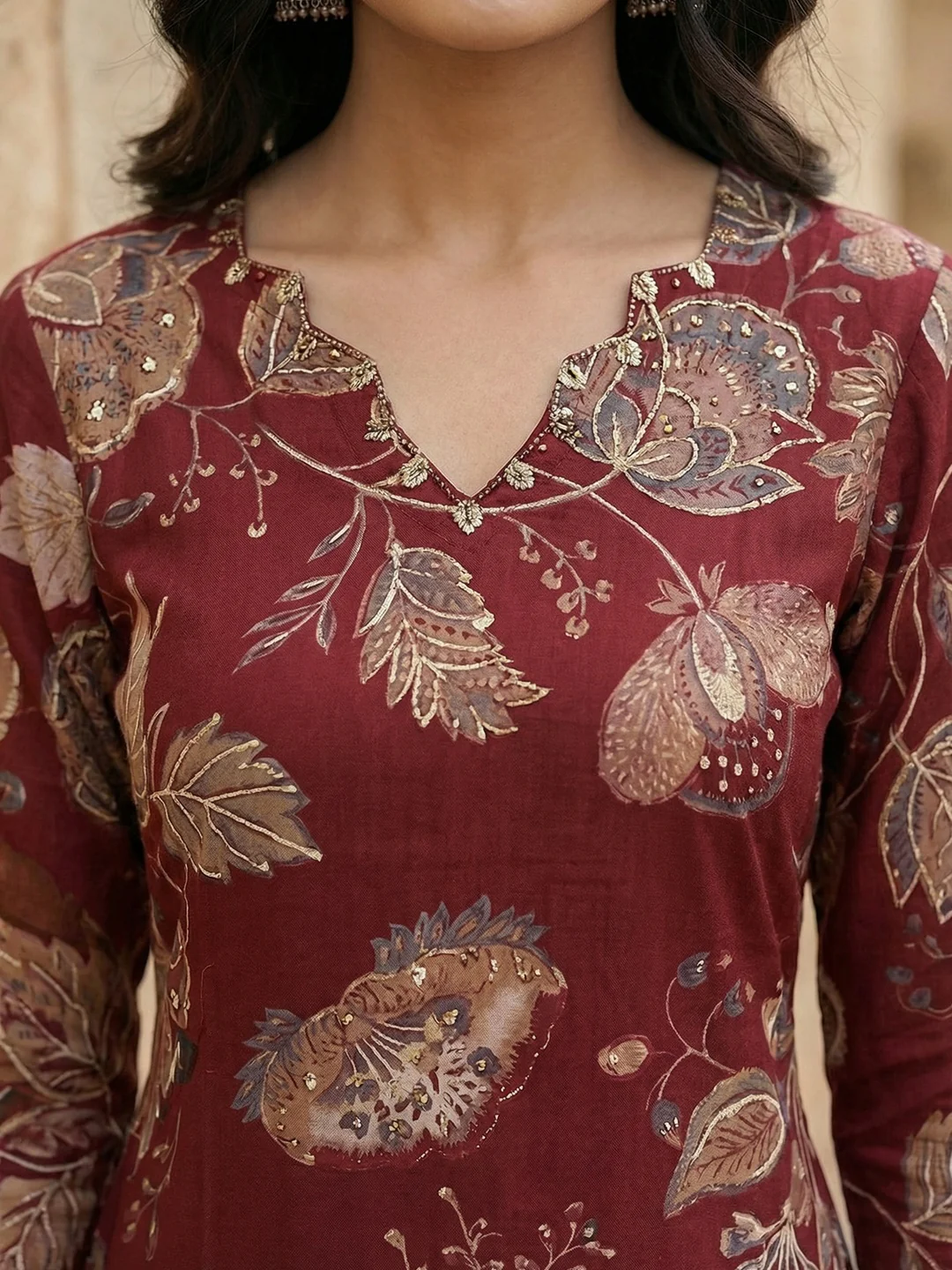 Maroon Viscose Ethnic Salwar Suit with Detailed Floral Print Dupatta Set - Image 4