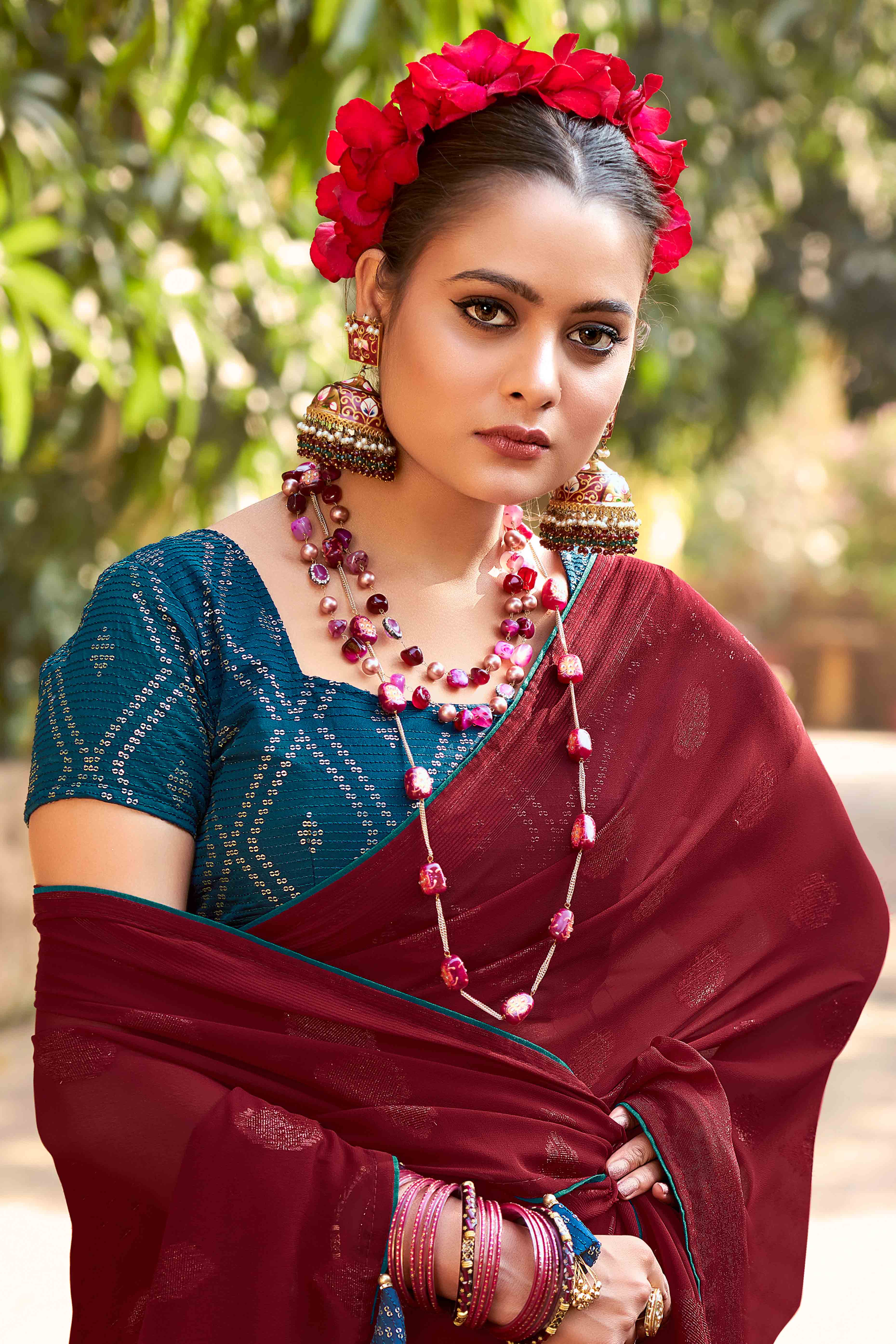 Maroon Woven Georgette Saree With Tassels - Image 3