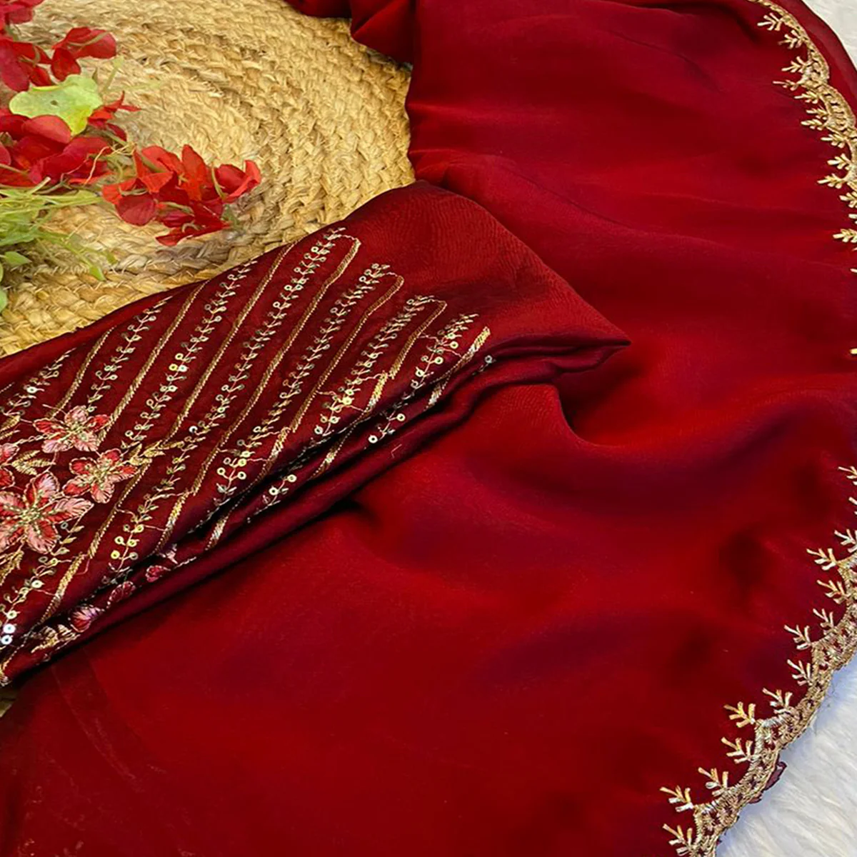 Maroon Zari Embroidered Organza Saree - Image 2