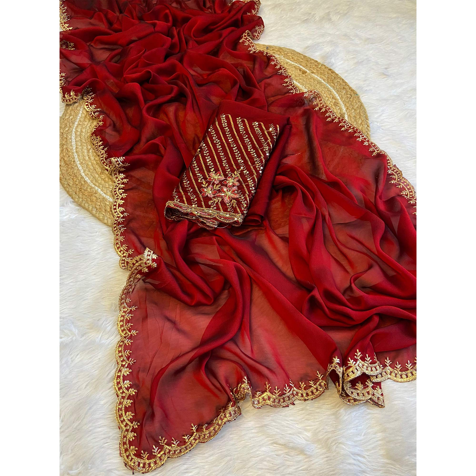 Maroon Zari Embroidered Organza Saree - Image 3