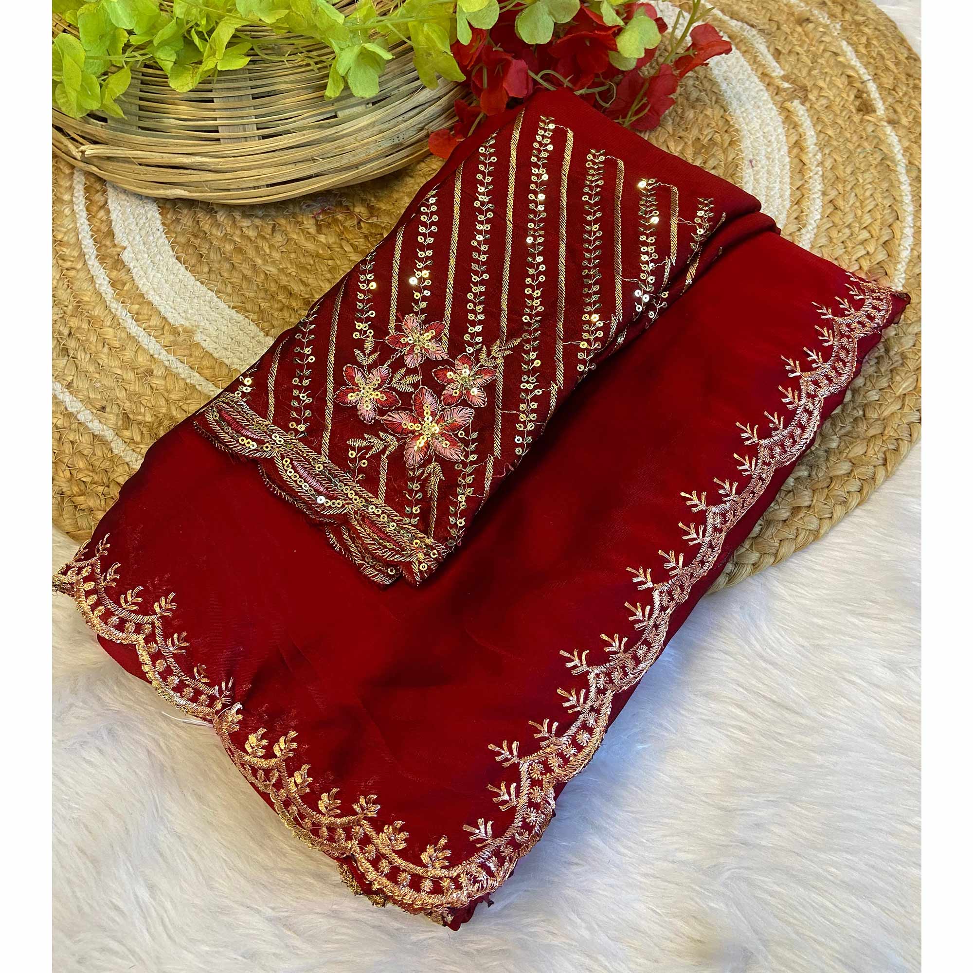 Maroon Zari Embroidered Organza Saree - Image 4