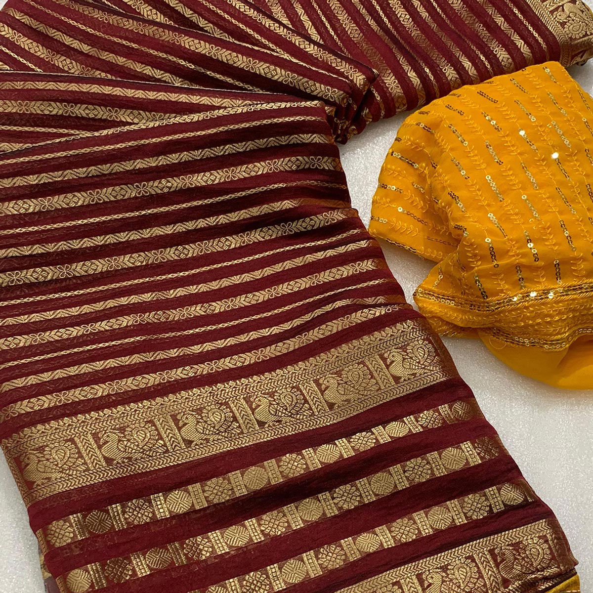 Maroon Zari Work Woven Organza Saree - Image 2