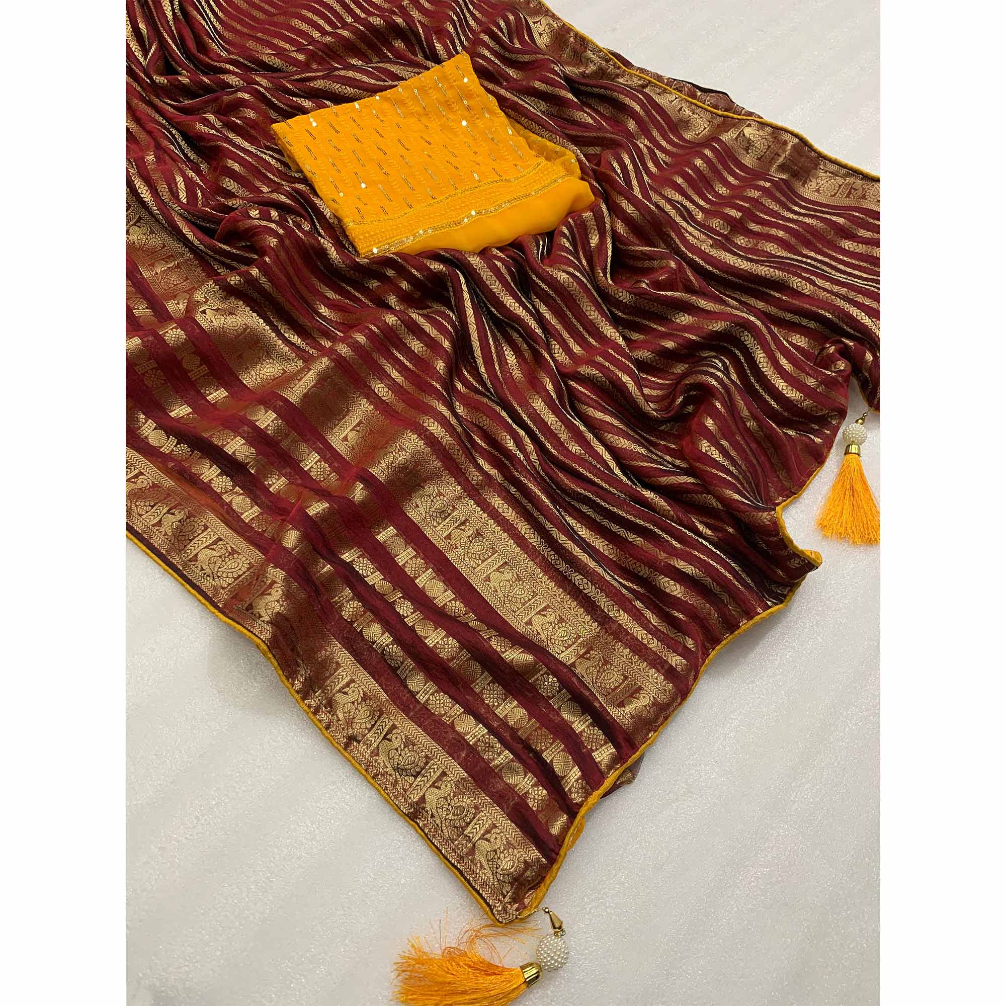 Maroon Zari Work Woven Organza Saree - Image 3