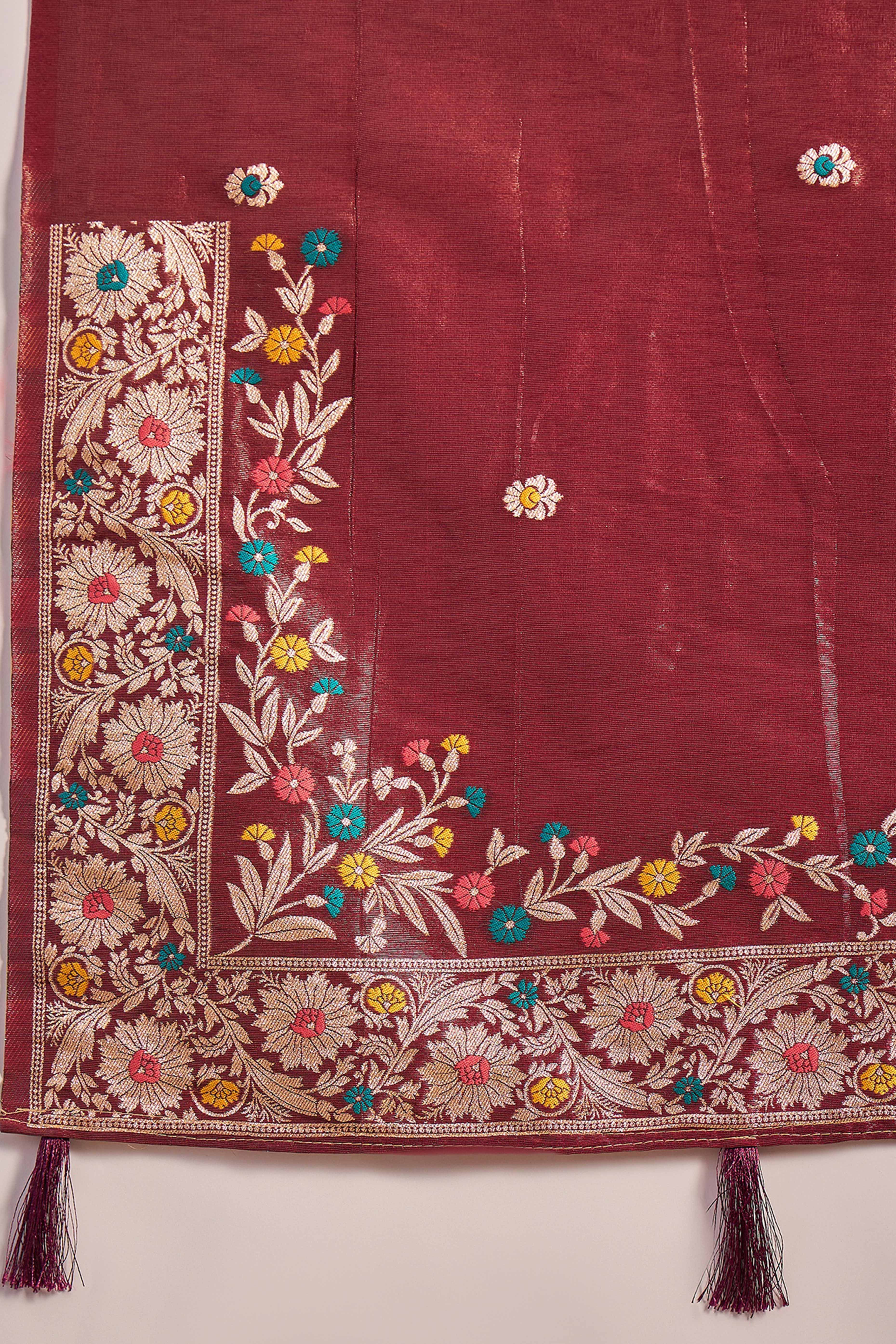 Maroon Zari Woven Shimmer Saree With Floral Motifs & Flowing Tassel Pallu - Image 8