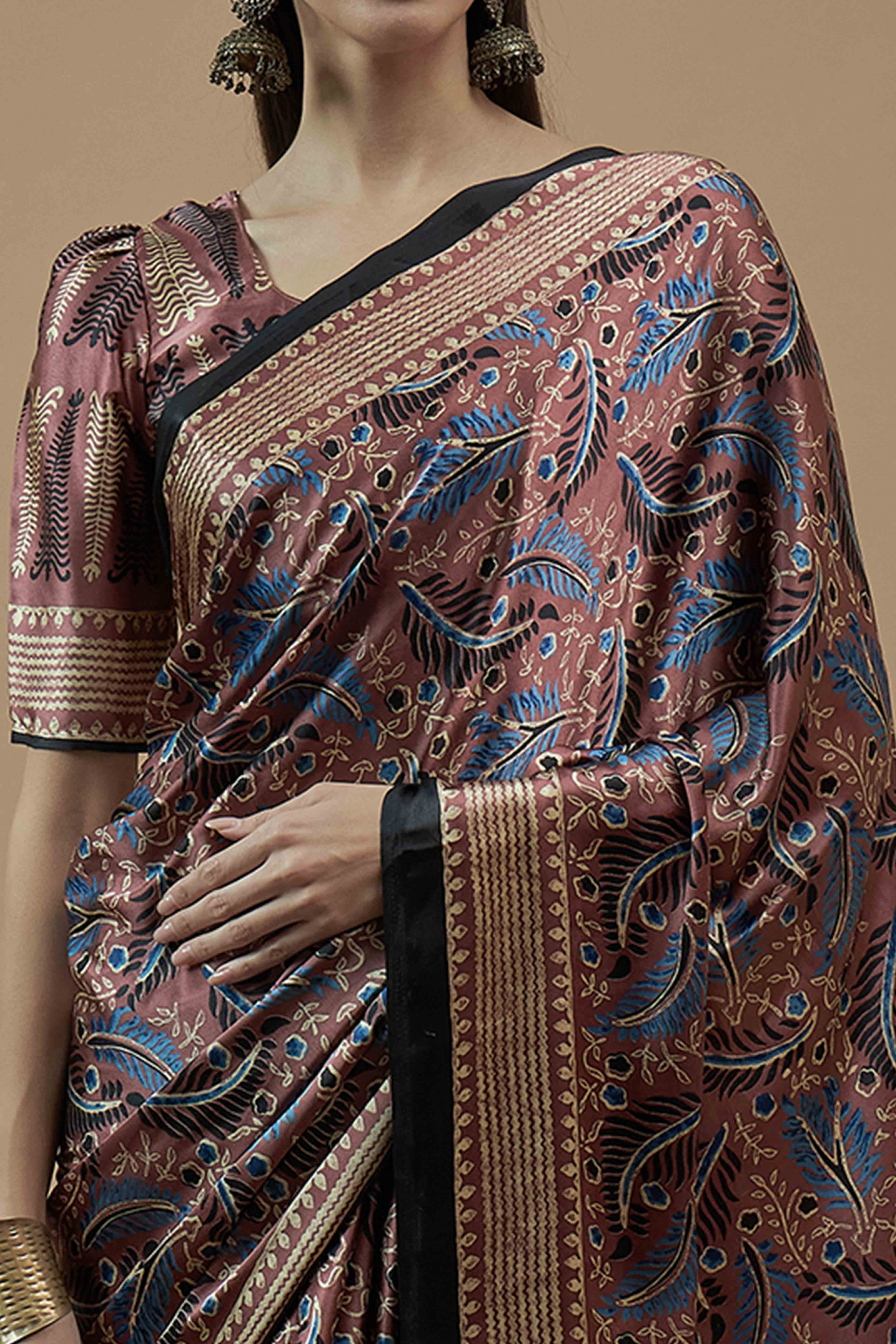 Mauve Ajrakh Printed Satin Saree With Tassels - Image 2