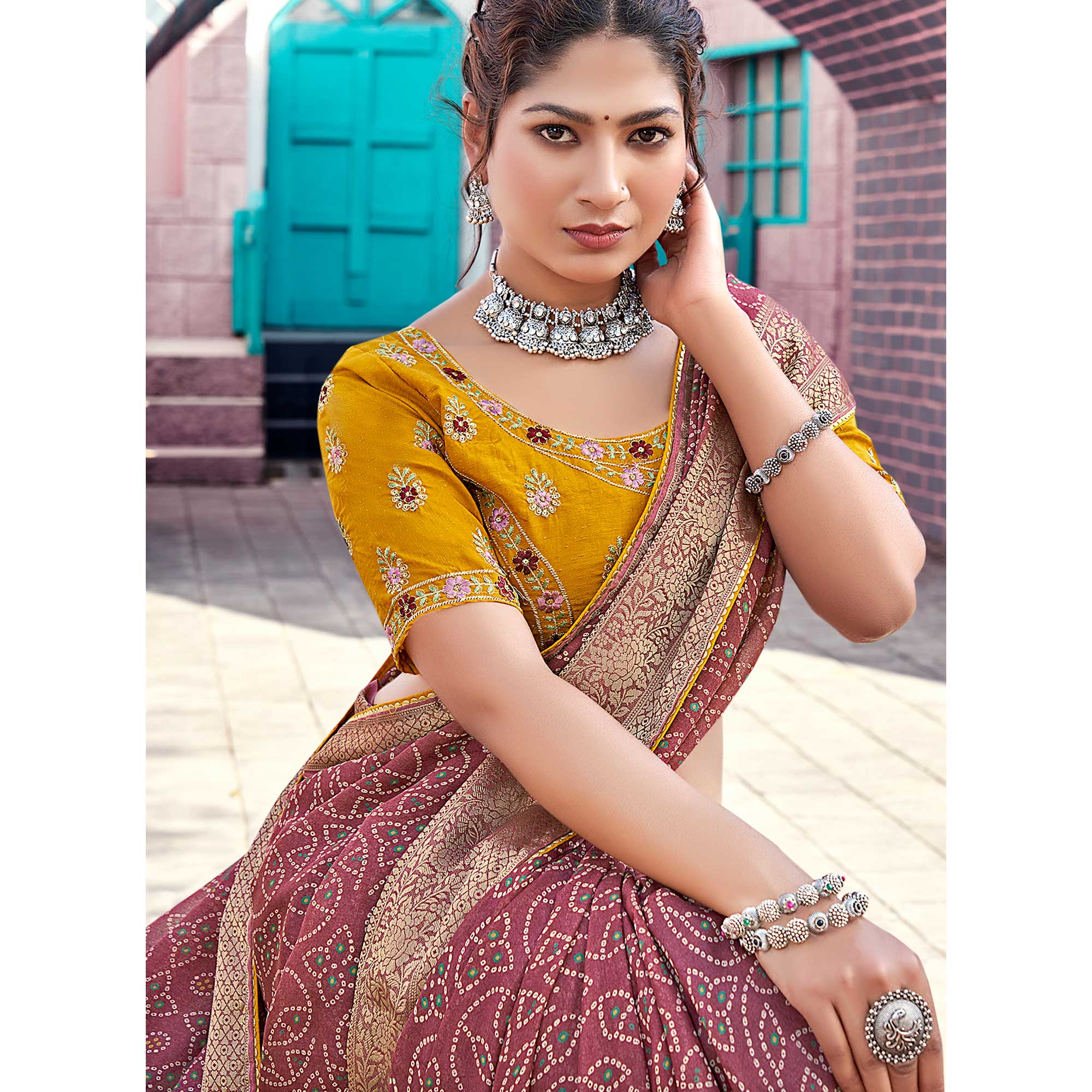 Mauve Bandhani Printed Georgette Saree - Image 3
