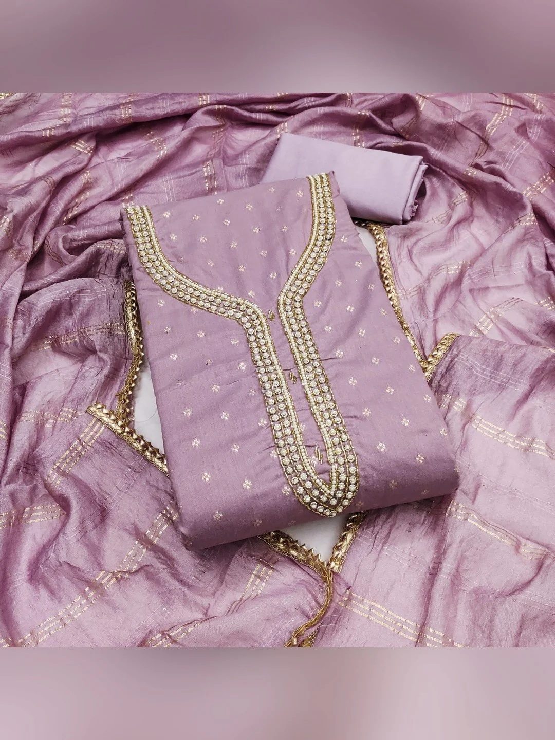 Mauve Chanderi Thread Work Embroidered Dress Material for Festive Wear - Image 2