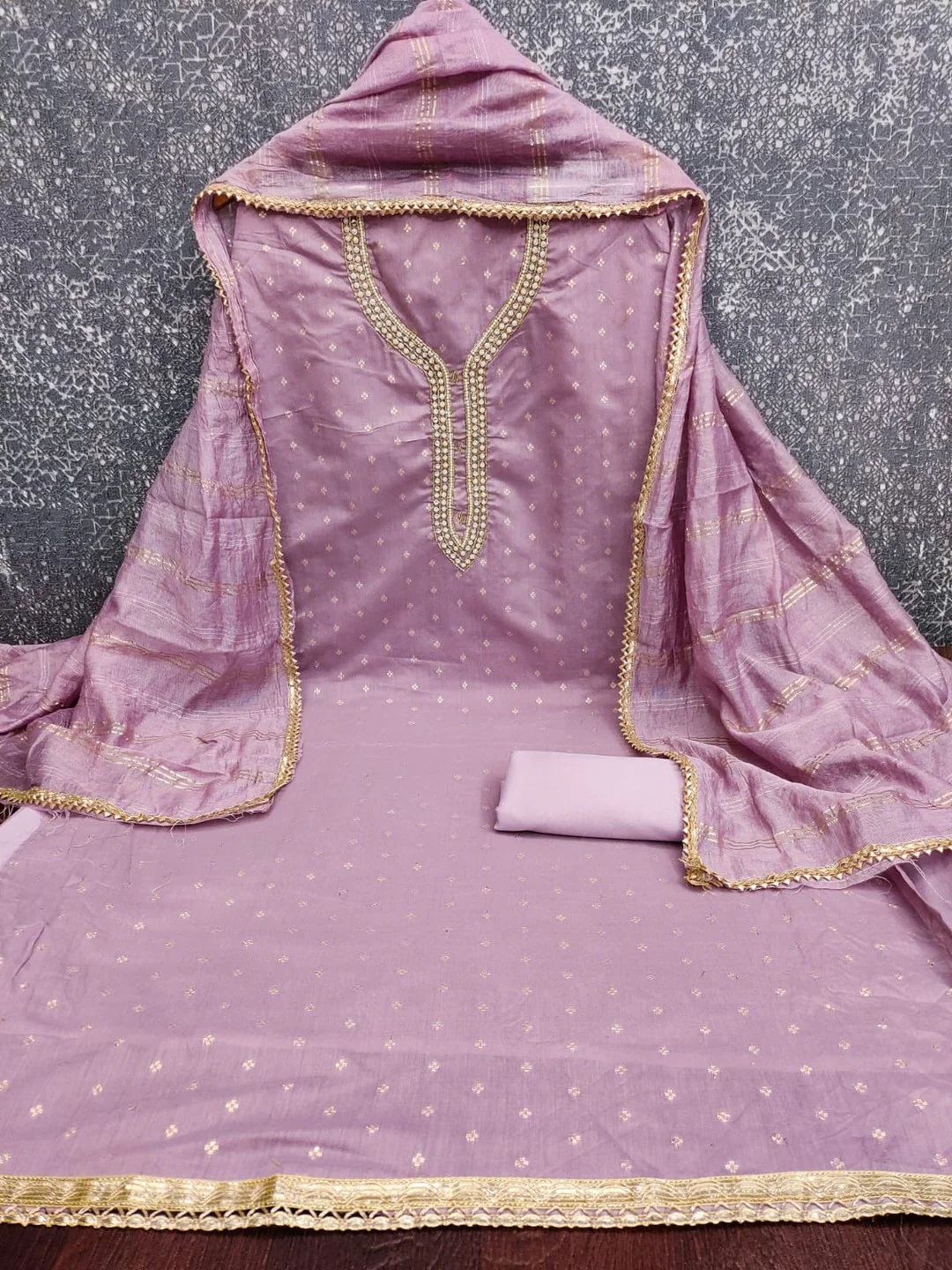 Mauve Chanderi Thread Work Embroidered Dress Material for Festive Wear - Image 3