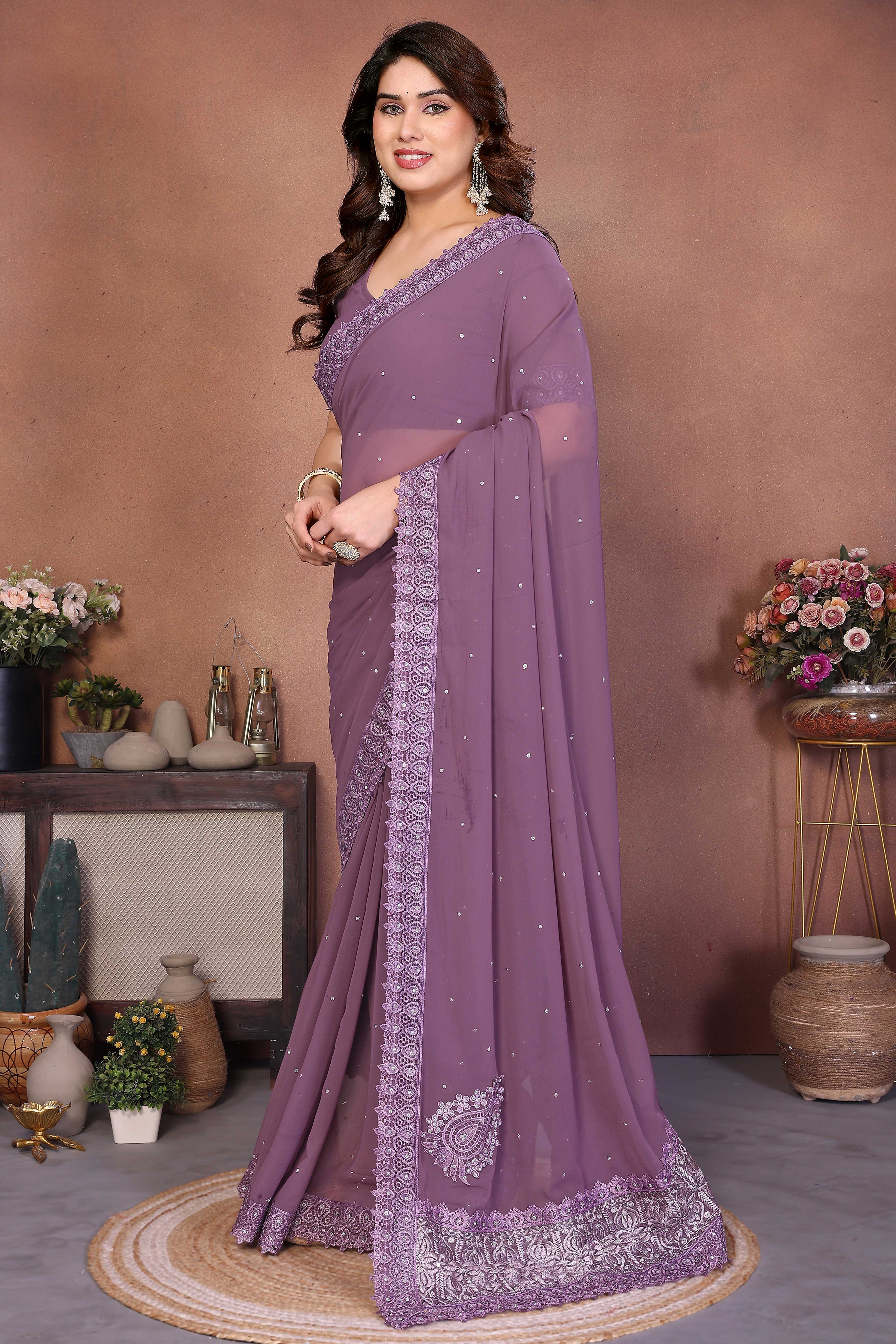 Mauve Designer Georgette Saree Enhanced with Delicate Thread Work Embroidery - Image 3