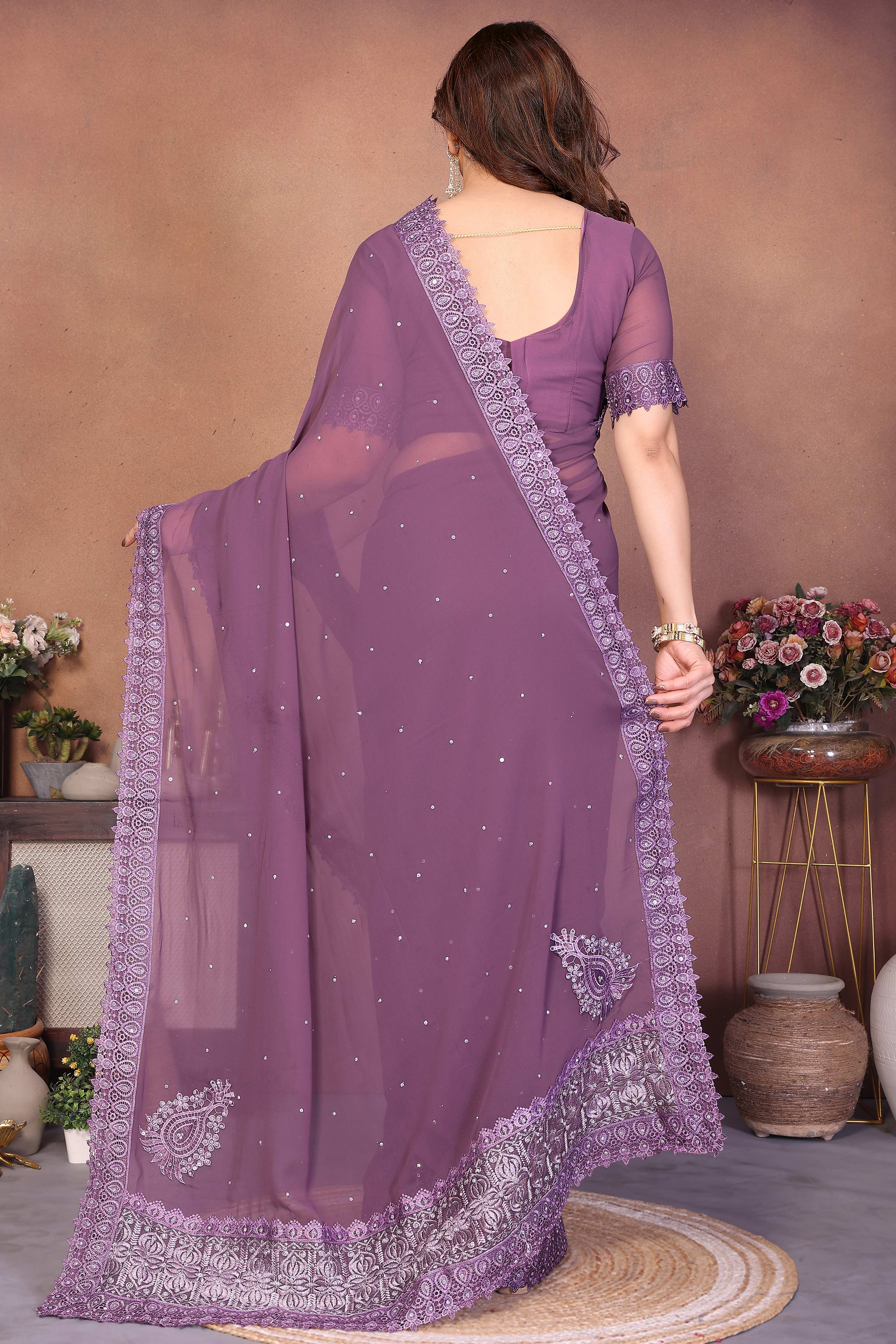 Mauve Designer Georgette Saree Enhanced with Delicate Thread Work Embroidery - Image 6