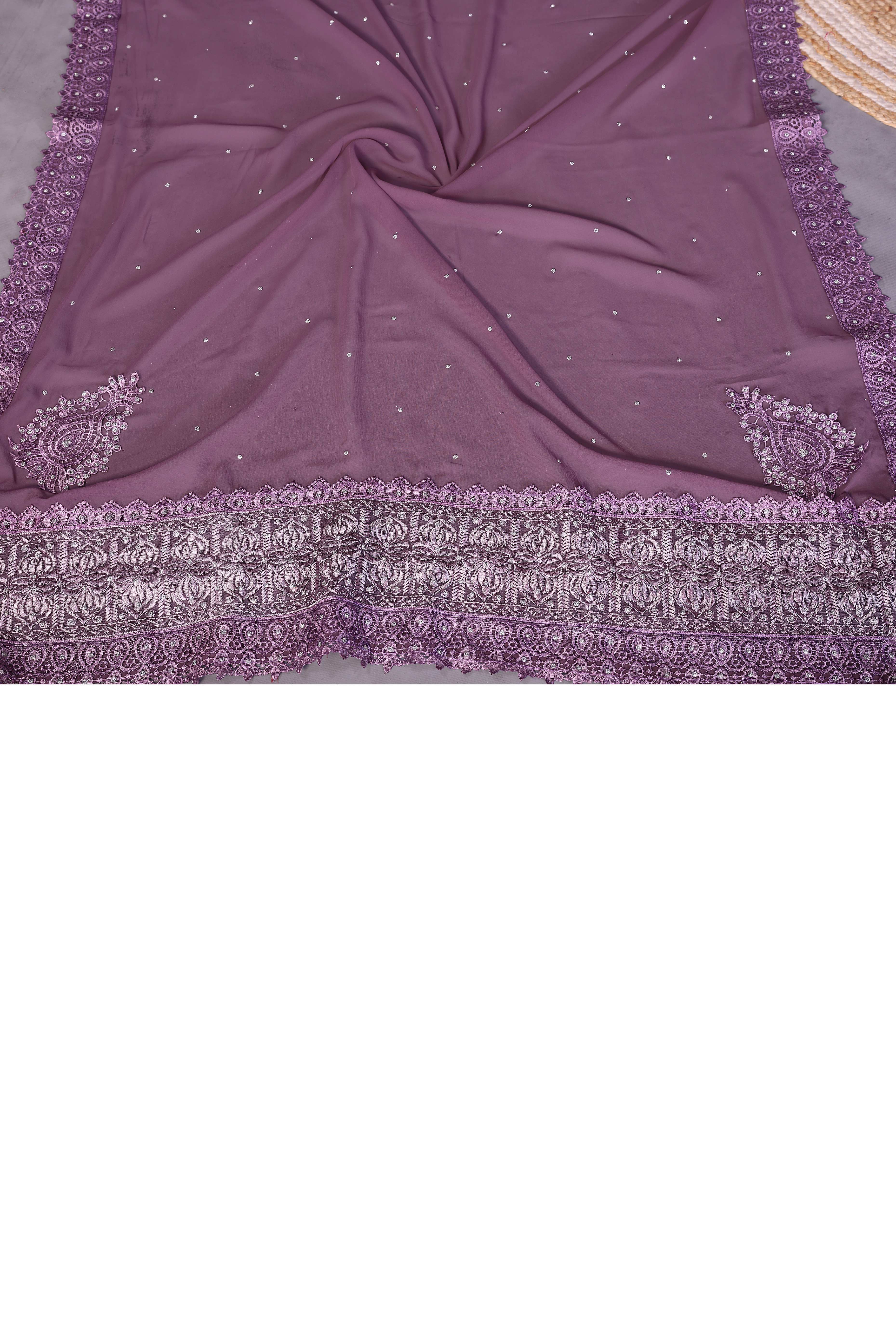 Mauve Designer Georgette Saree Enhanced with Delicate Thread Work Embroidery - Image 8