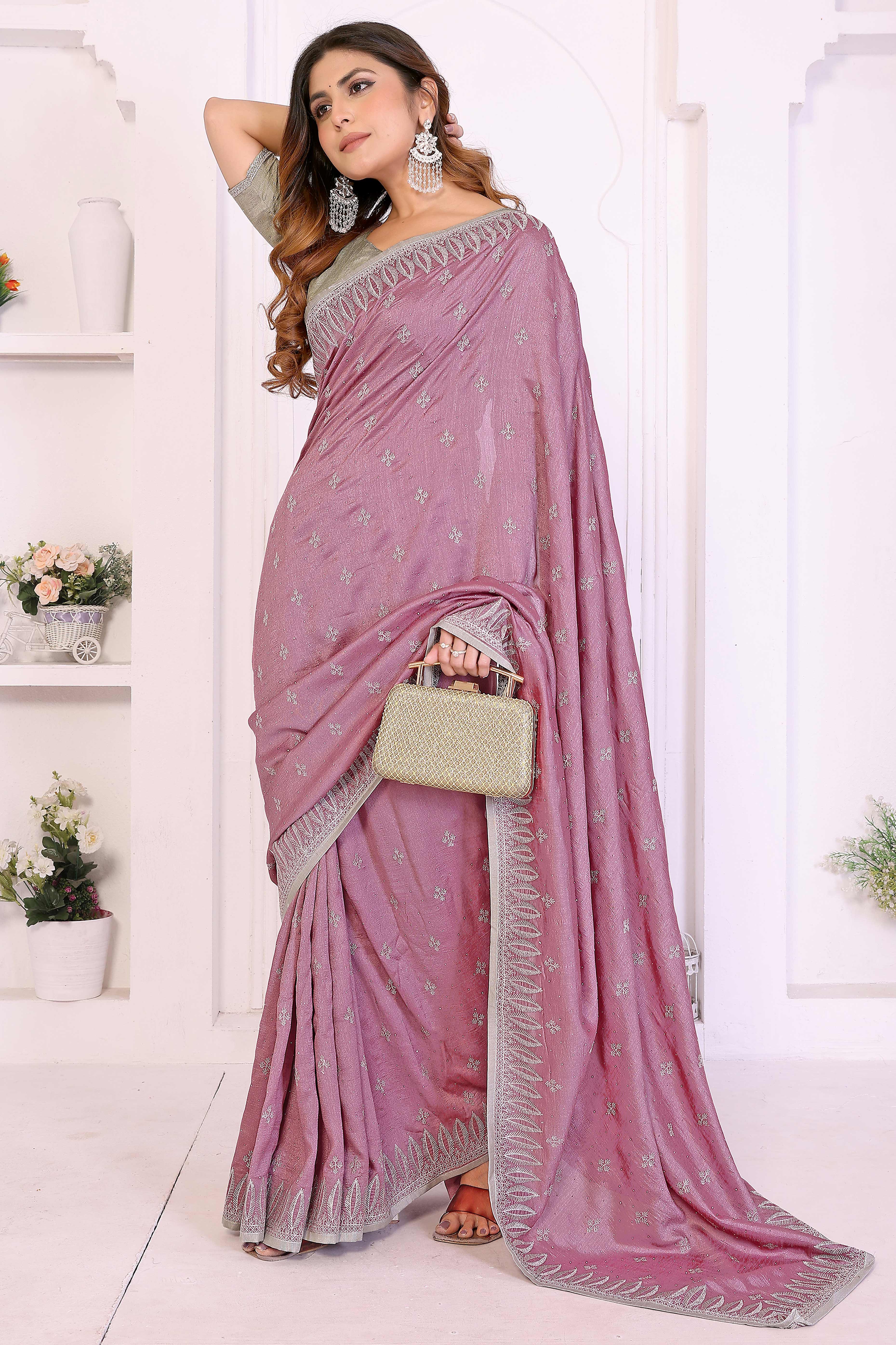 Mauve Designer Vichitra Silk Saree Enhanced with Delicate Thread Work Embroidery - Image 4